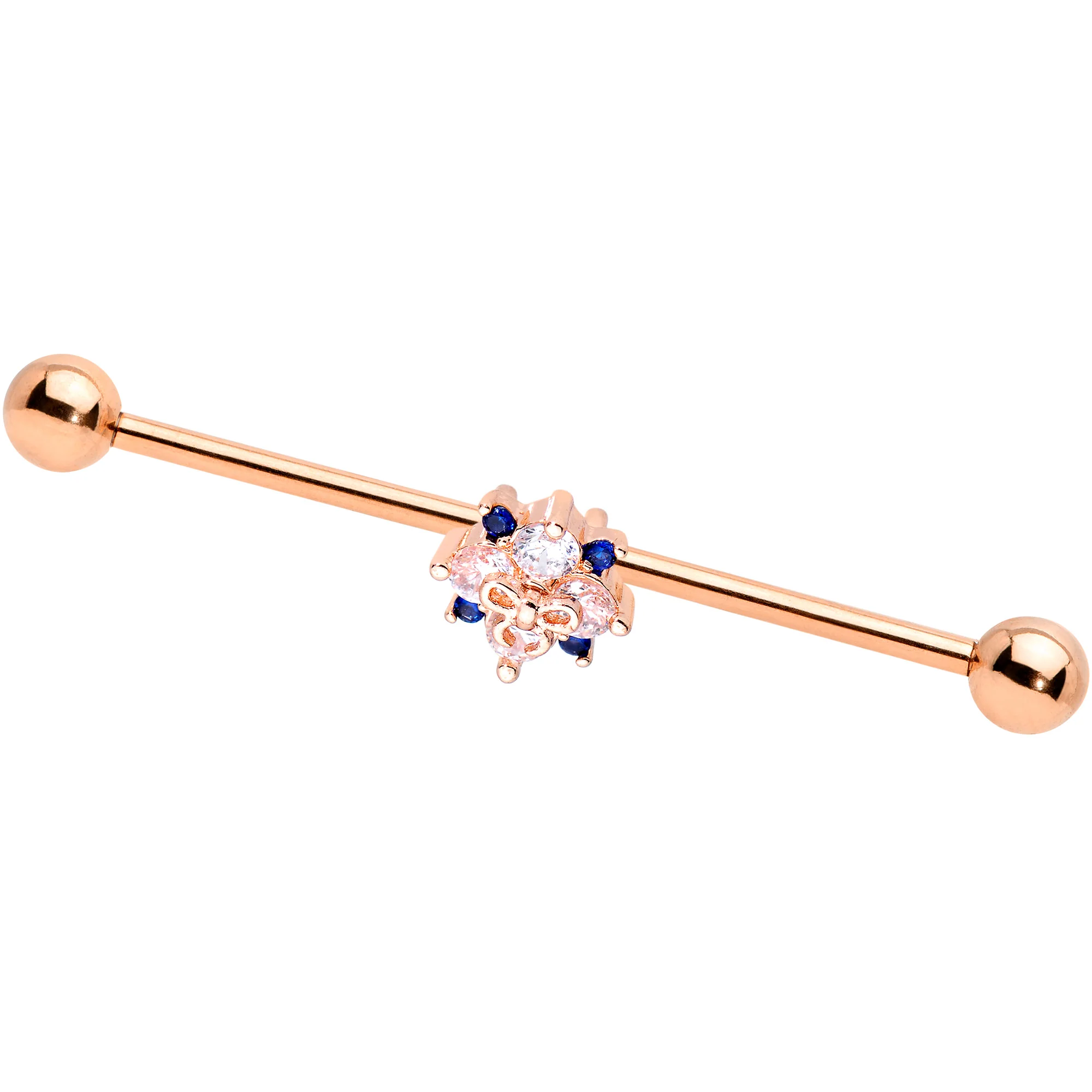 14G Clear CZ Gem Rose Gold Tone Bow Star Industrial Barbell 38mm - Image 2