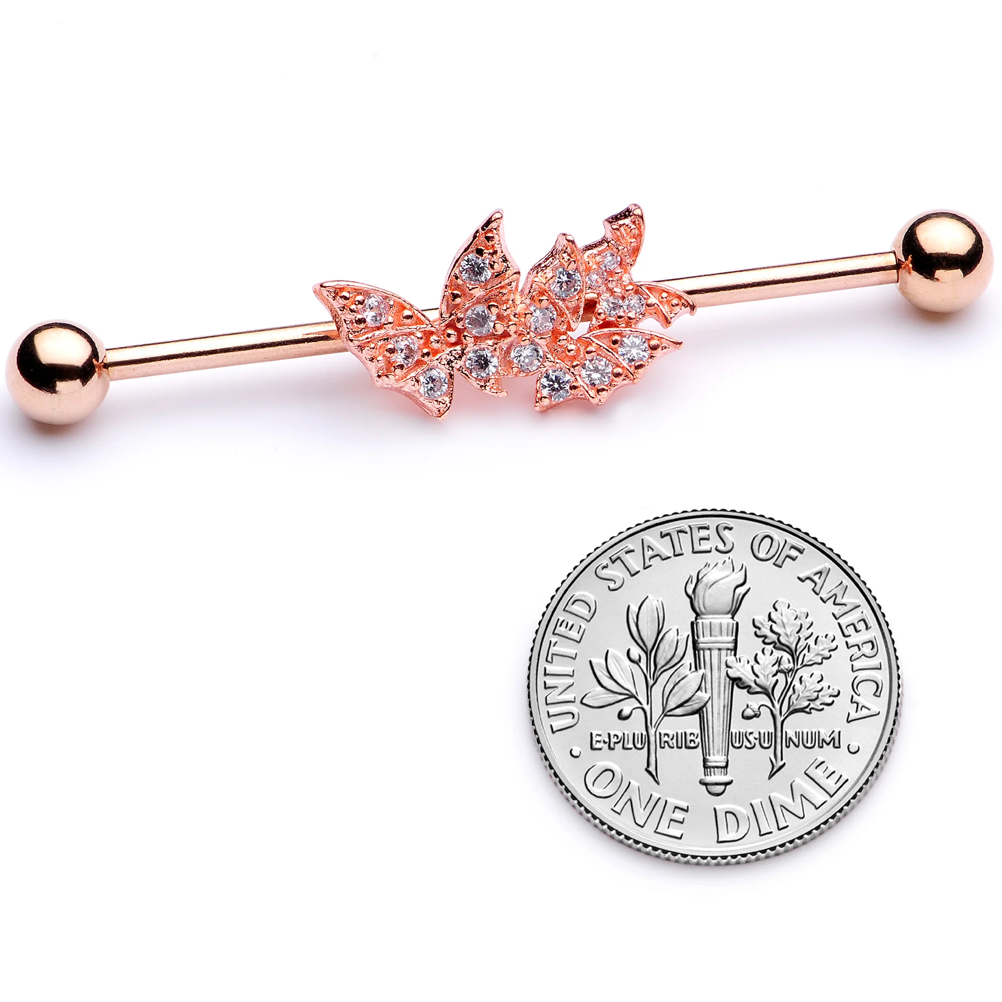 14G Clear CZ Gem Rose Gold Tone Butterflies Industrial Barbell 38mm - Image 4