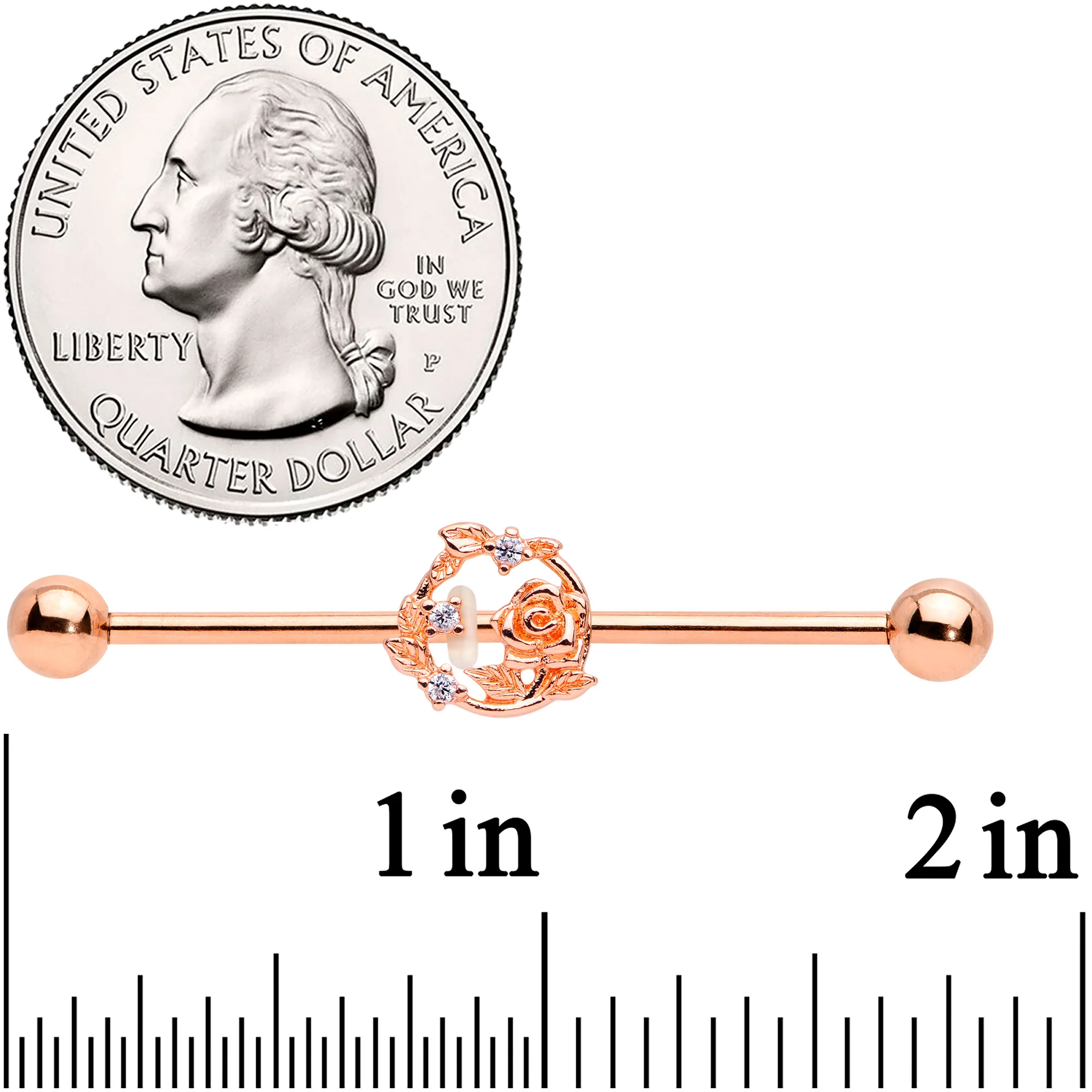 14G Clear CZ Gem Rose Gold Tone Floral Industrial Barbell 38mm - Image 2