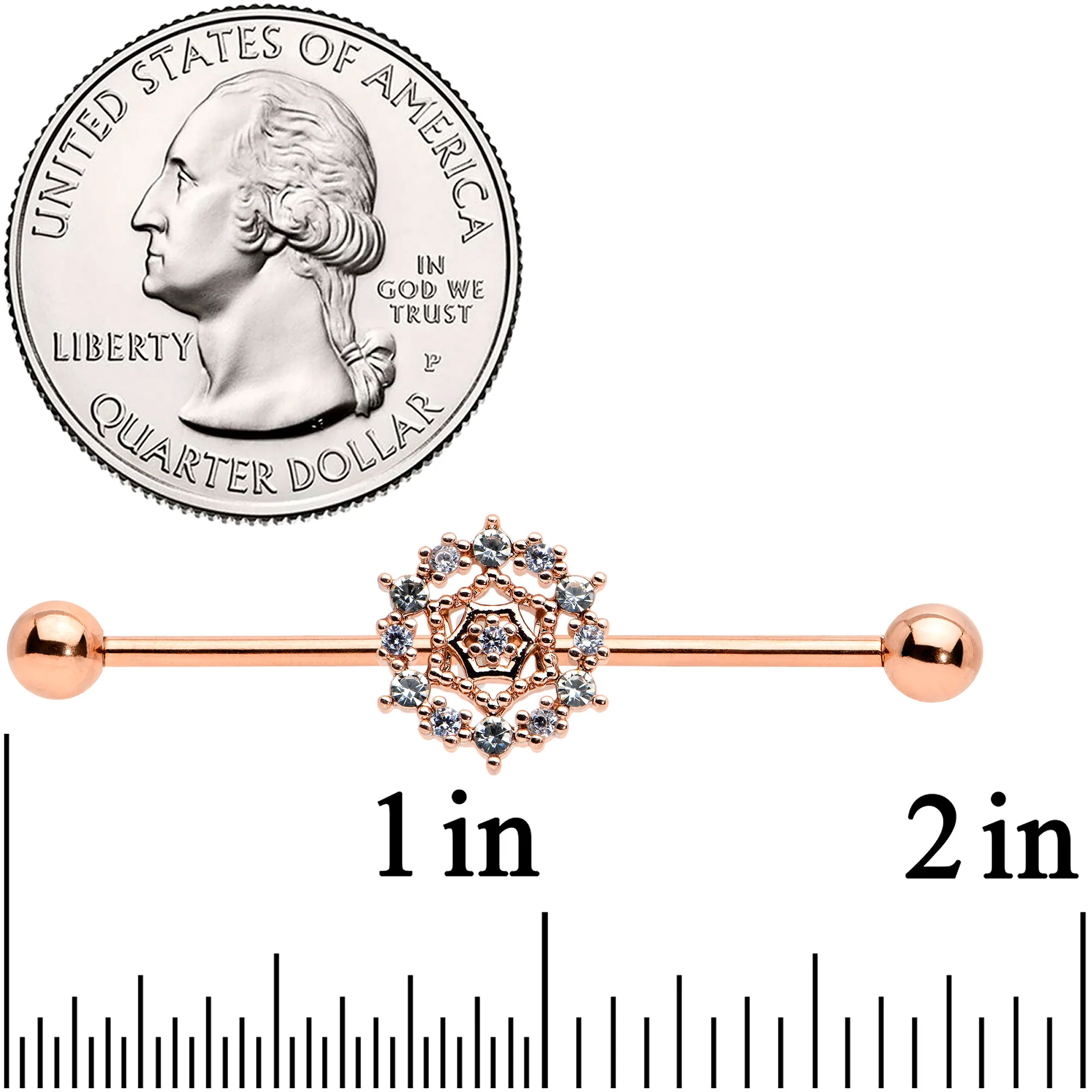 14G Clear CZ Gem Rose Gold Tone Geo Web Industrial Barbell 38mm - Image 2