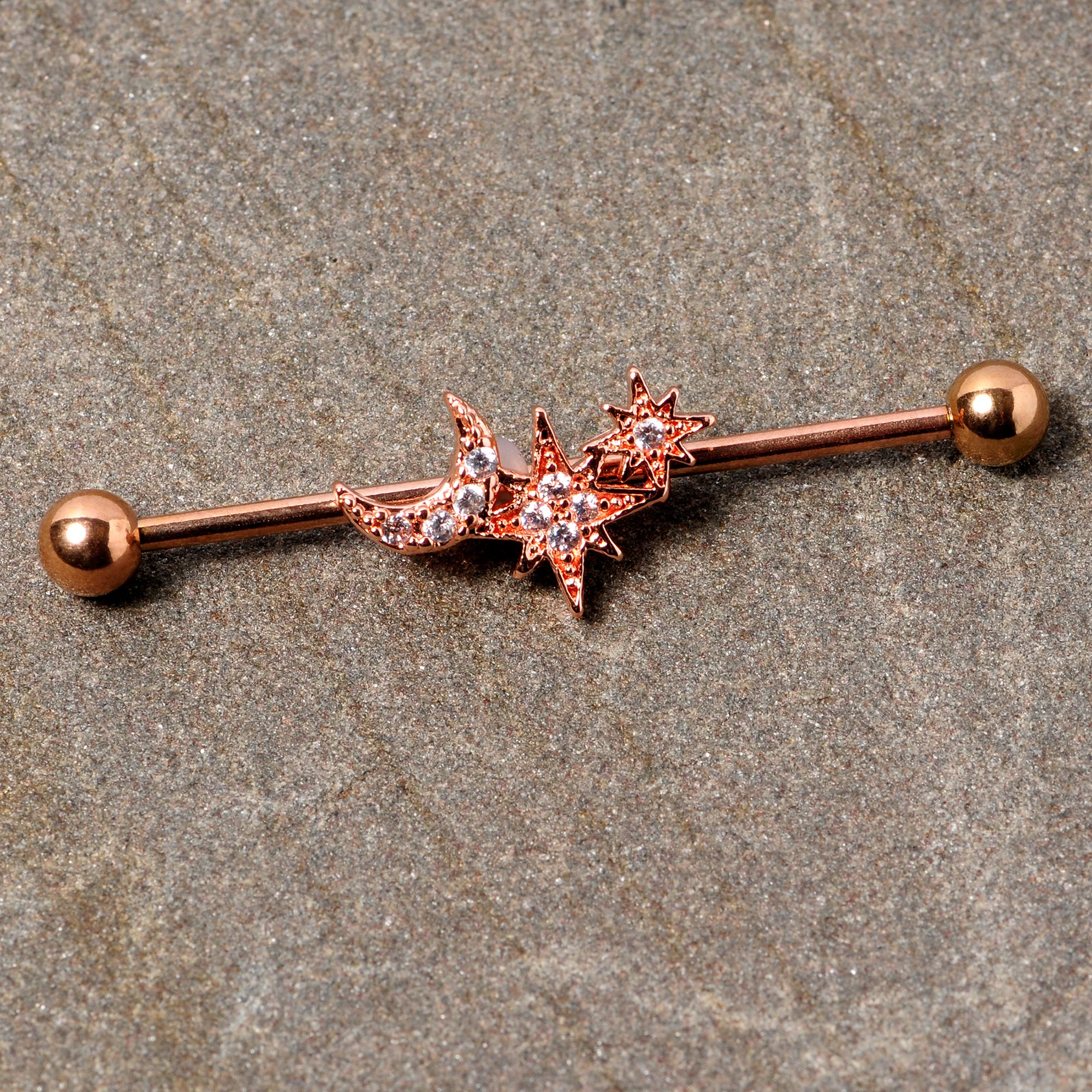 14G Clear CZ Gem Rose Gold Tone Moon Stars Industrial Barbell 38mm - Image 2