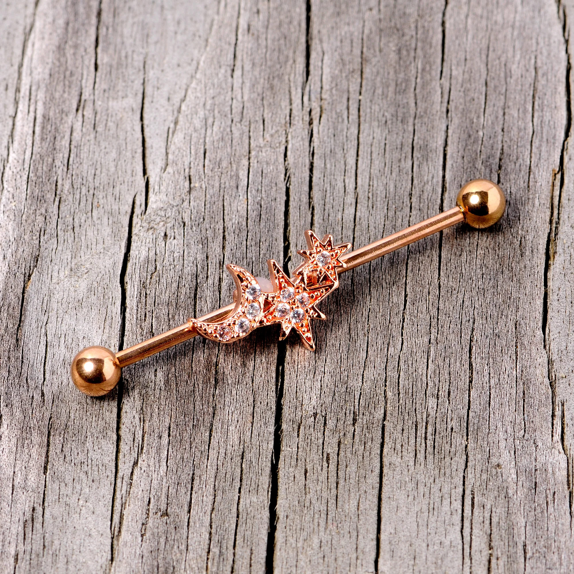14G Clear CZ Gem Rose Gold Tone Moon Stars Industrial Barbell 38mm - Image 3