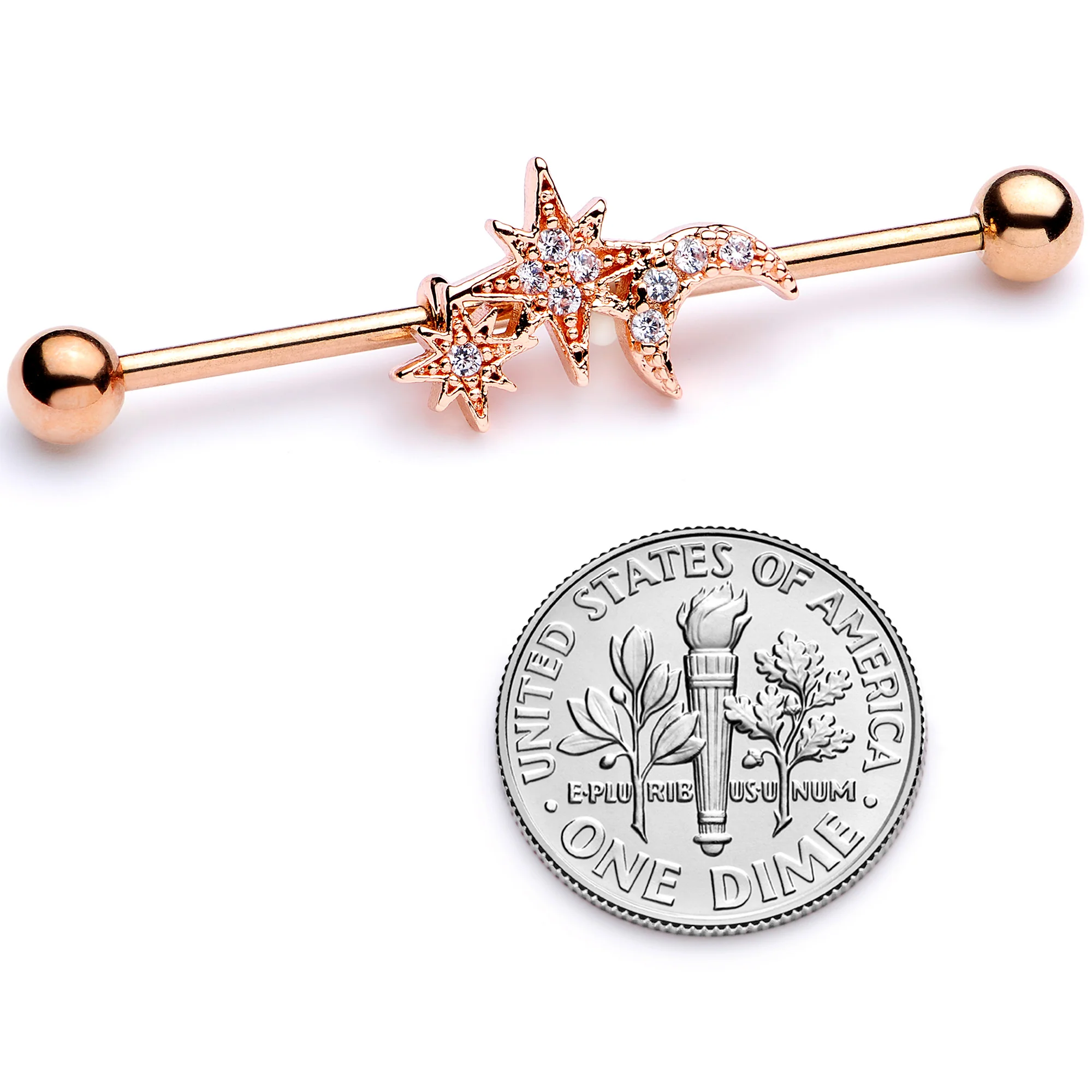 14G Clear CZ Gem Rose Gold Tone Moon Stars Industrial Barbell 38mm - Image 4
