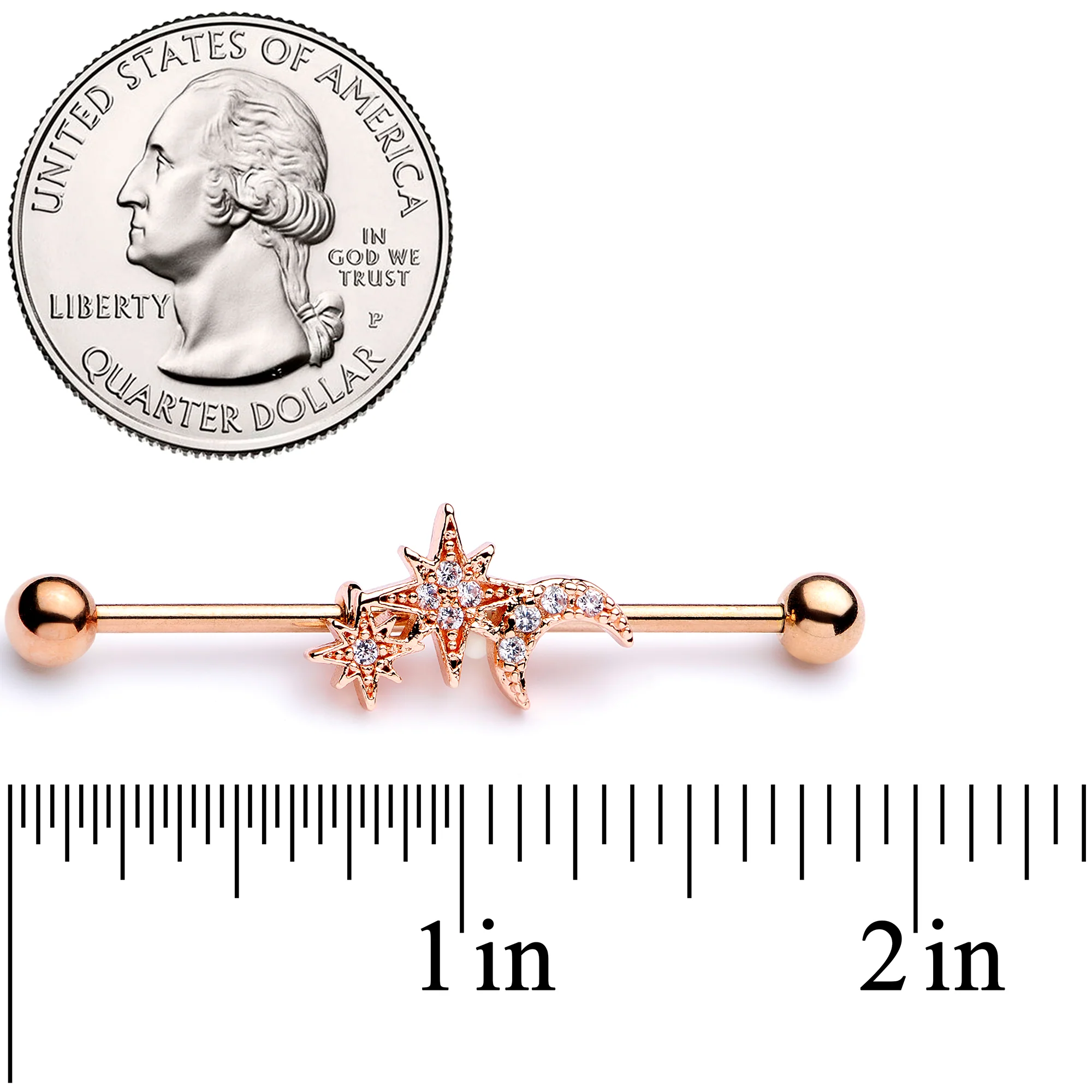 14G Clear CZ Gem Rose Gold Tone Moon Stars Industrial Barbell 38mm - Image 5