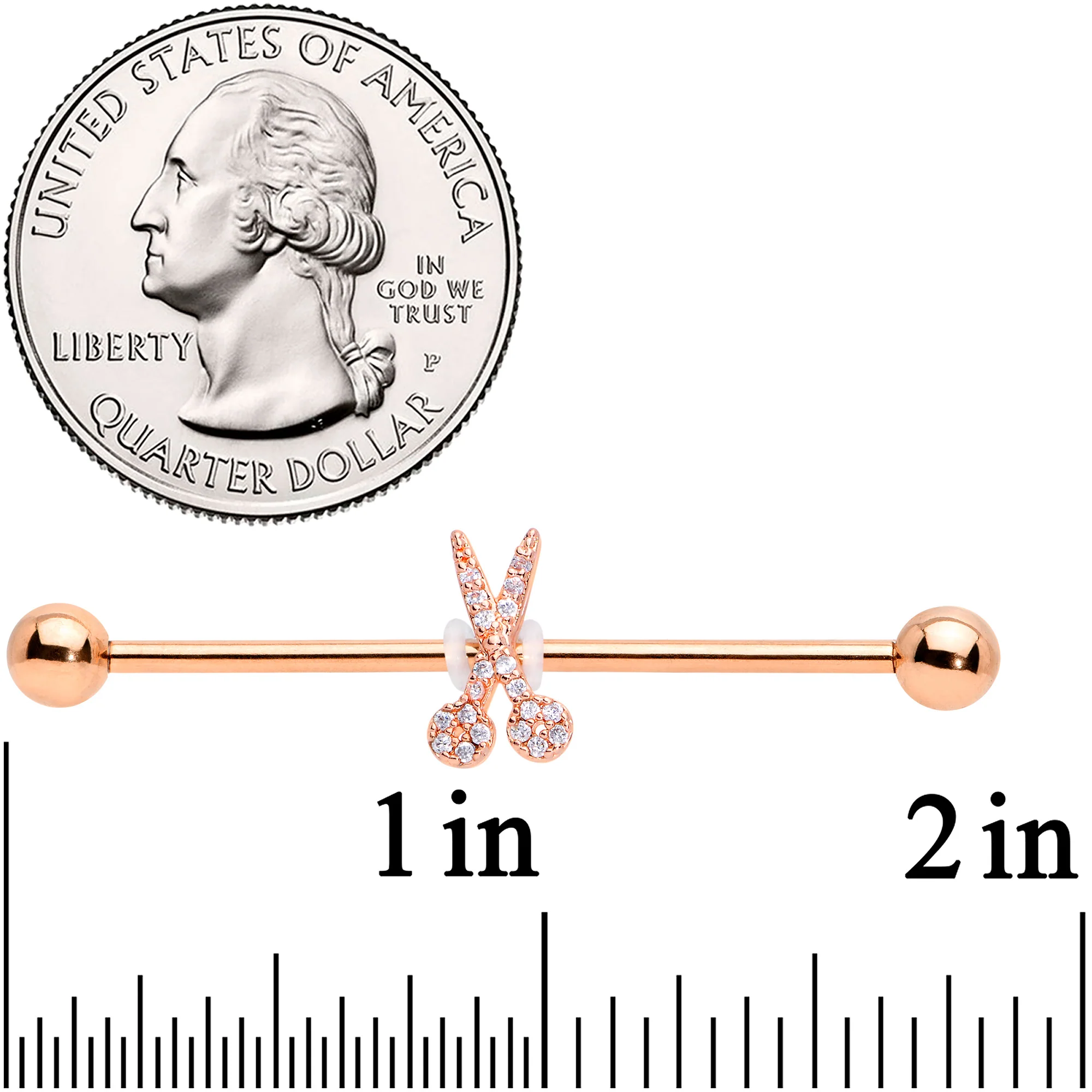 14G Clear CZ Gem Rose Gold Tone Scissors Industrial Barbell 38mm - Image 2