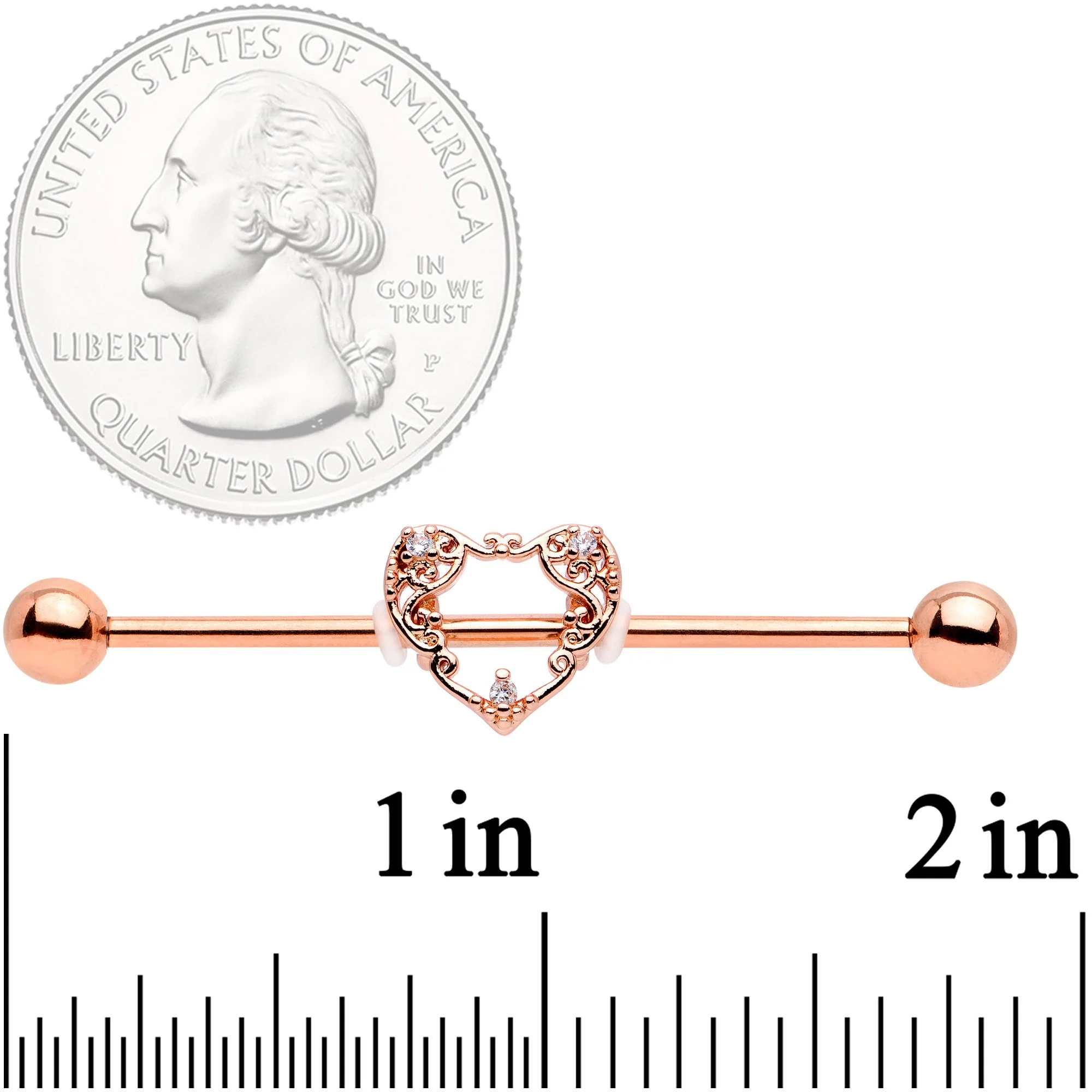 14G Clear CZ Gem Rose Gold Tone Scrollwork Heart Industrial Barbell - Image 2