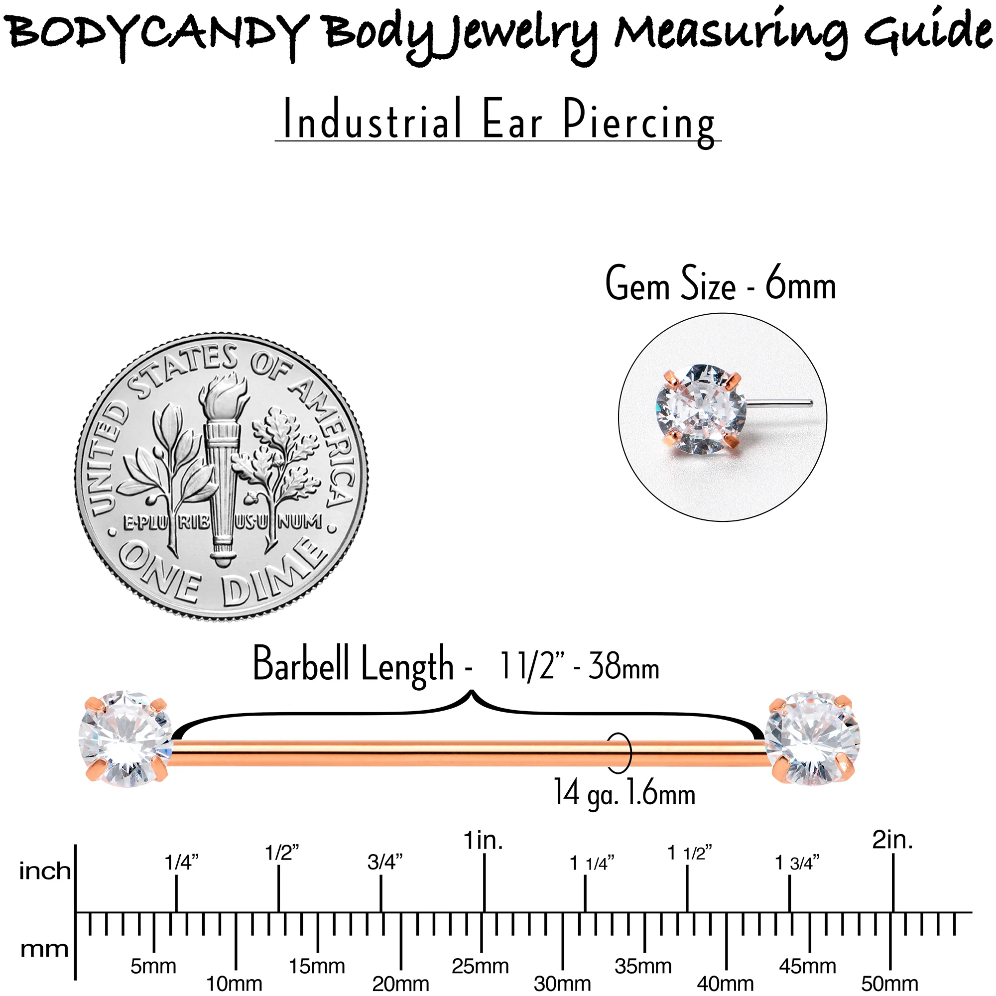 14G Clear CZ Gem Rose Gold Tone Threadless Industrial Barbell 38mm - Image 3