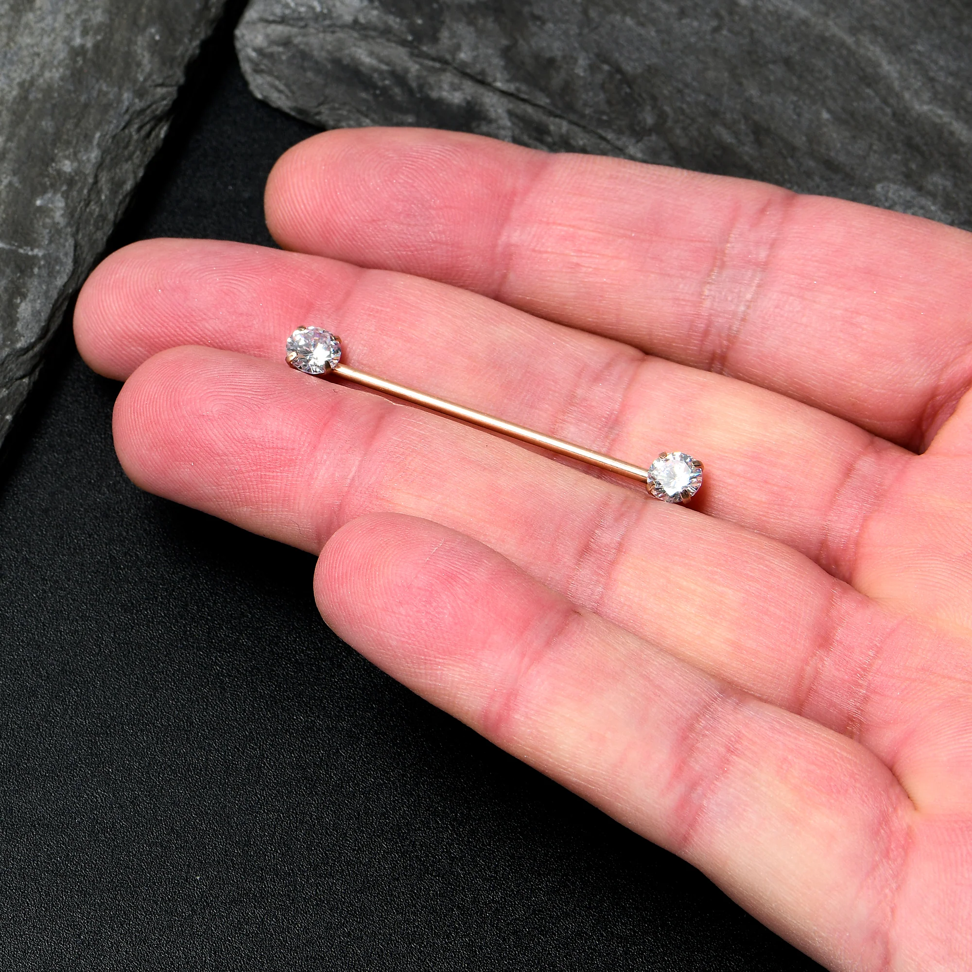 14G Clear CZ Gem Rose Gold Tone Threadless Industrial Barbell 38mm - Image 5