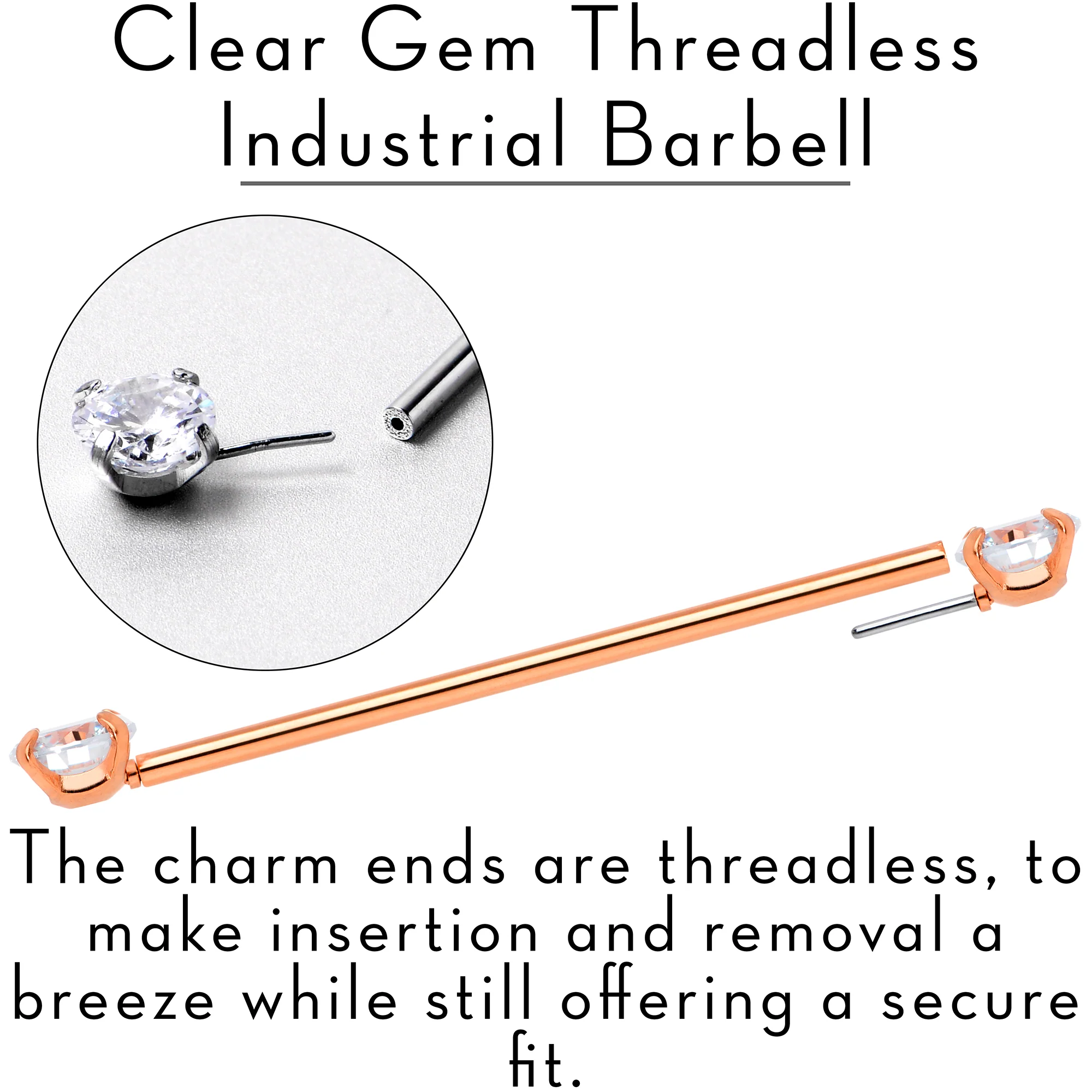 14G Clear CZ Gem Rose Gold Tone Threadless Industrial Barbell 38mm - Image 6