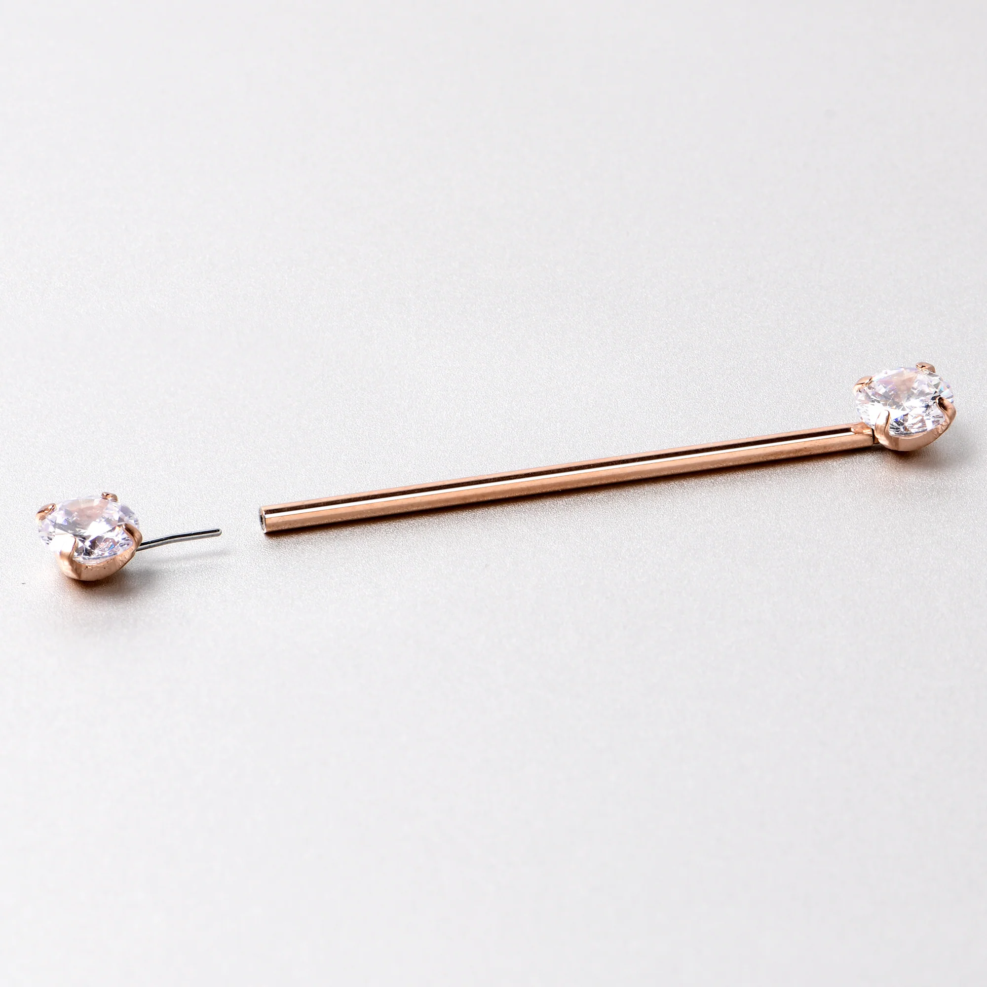 14G Clear CZ Gem Rose Gold Tone Threadless Industrial Barbell 38mm - Image 7