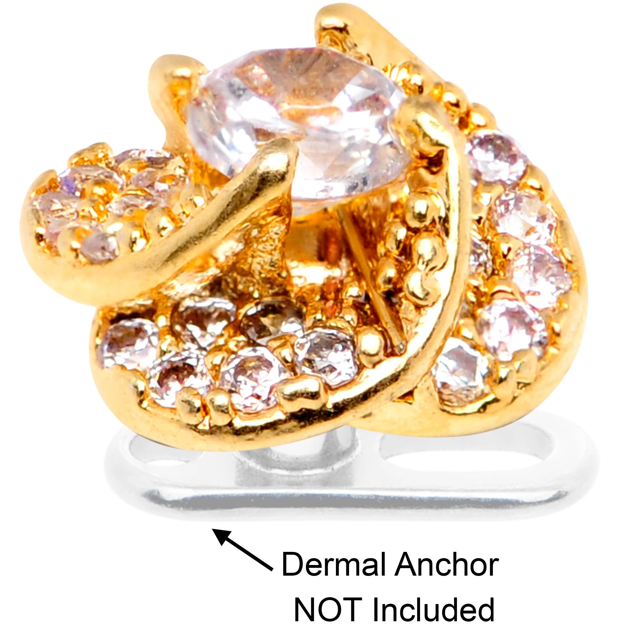 14G Clear CZ Gem Roses Romance Gold Tone Dermal Anchor Top - Image 3