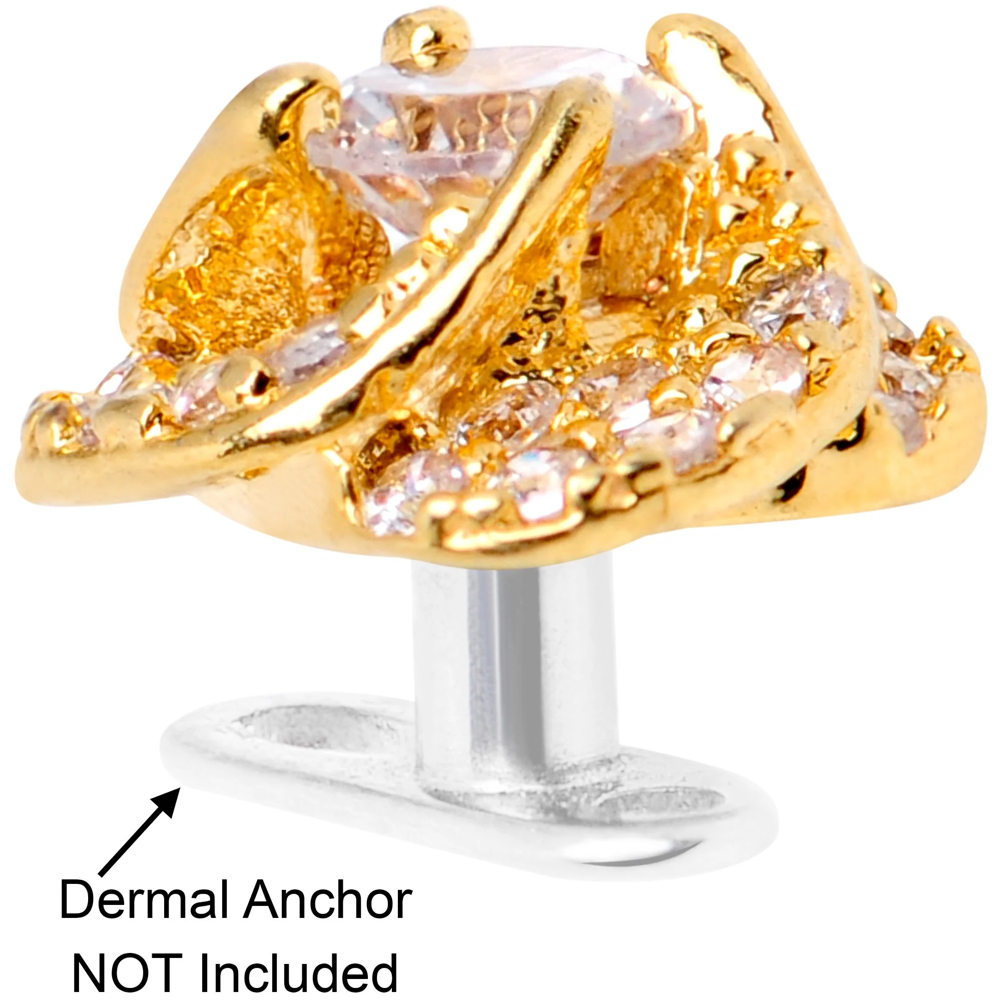 14G Clear CZ Gem Roses Romance Gold Tone Dermal Anchor Top - Image 4