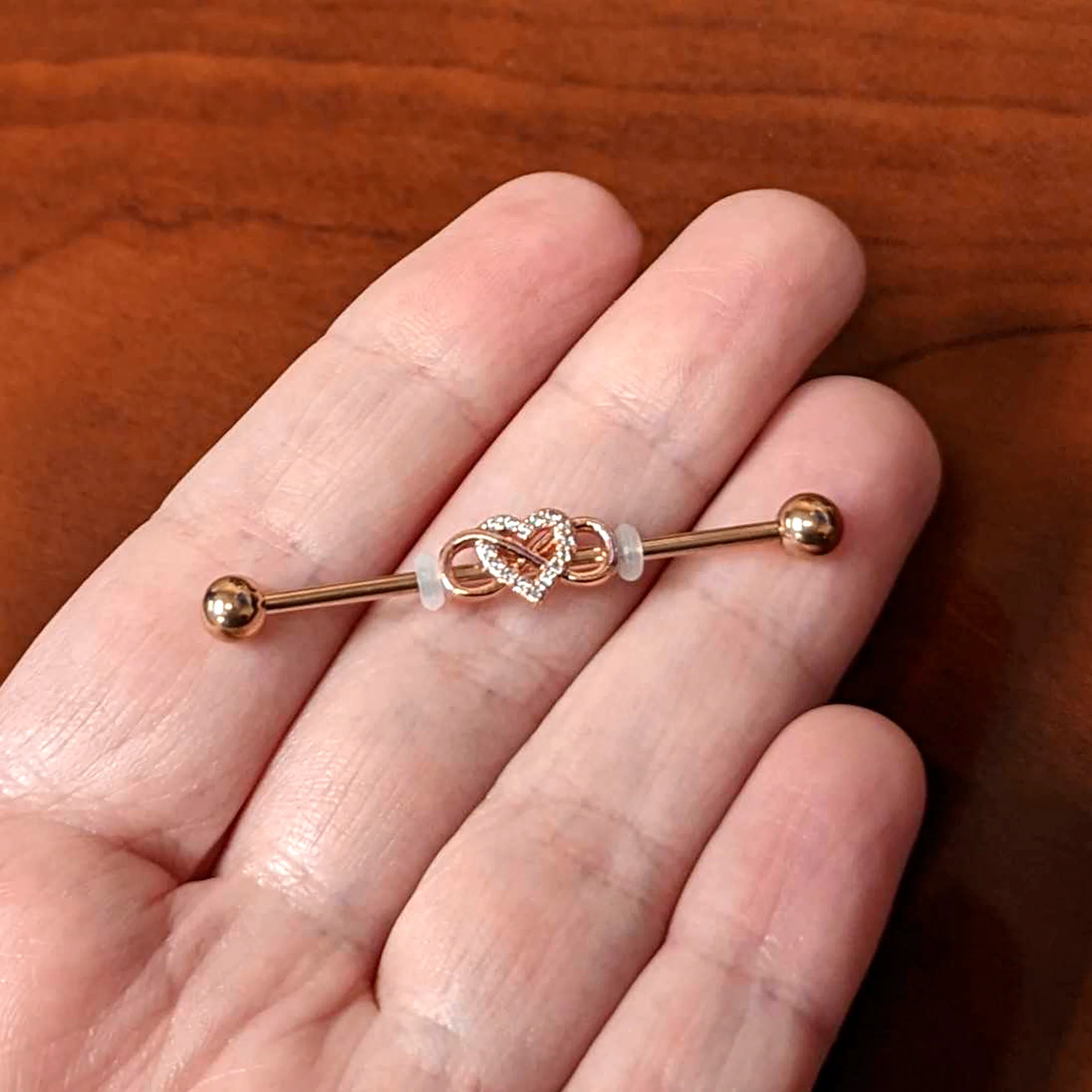 14G Clear CZ Gem Rosy Infinity Heart Industrial Barbell 38mm - Image 3