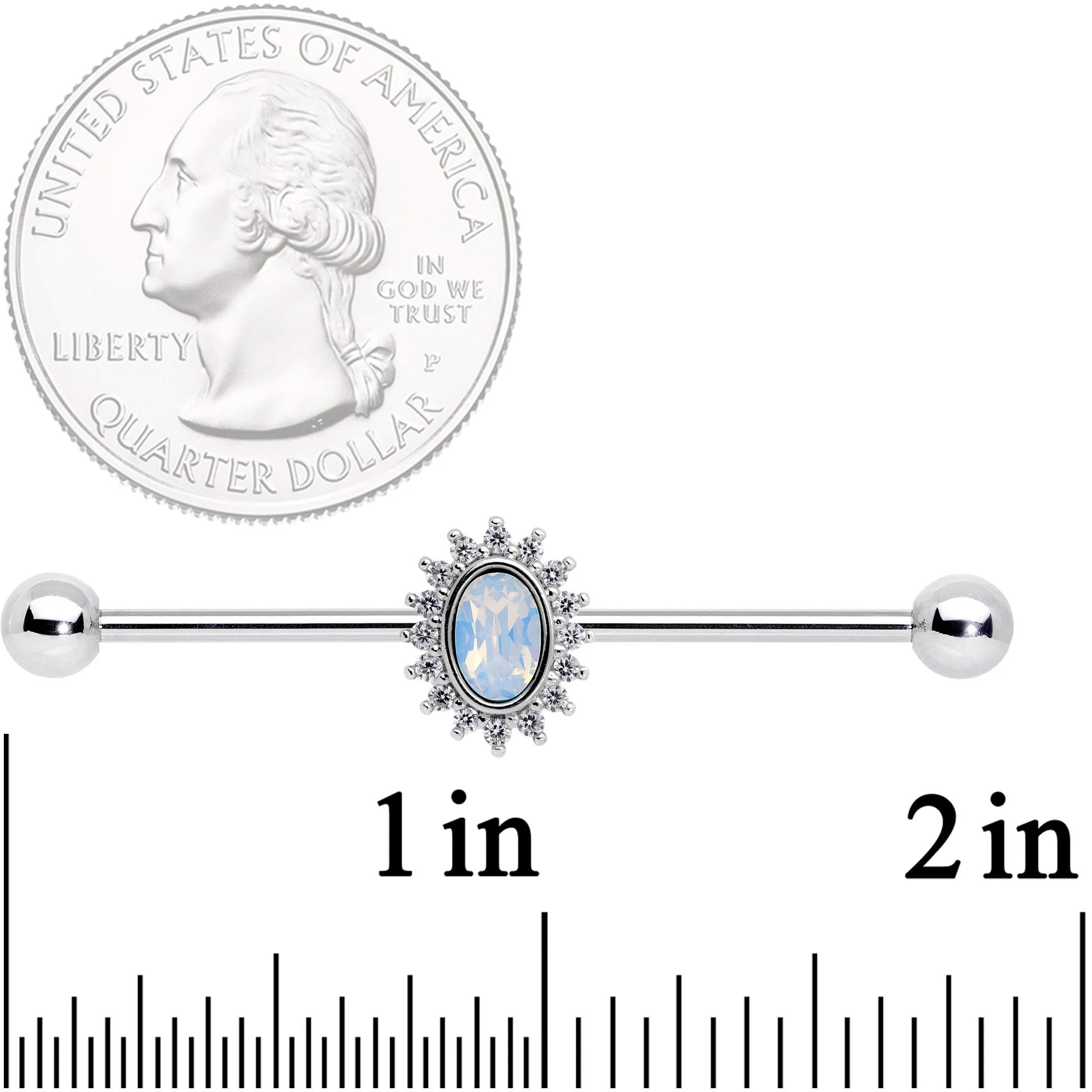 14G Clear CZ Gem White Faux Opal Framed Industrial Barbell 38mm - Image 2
