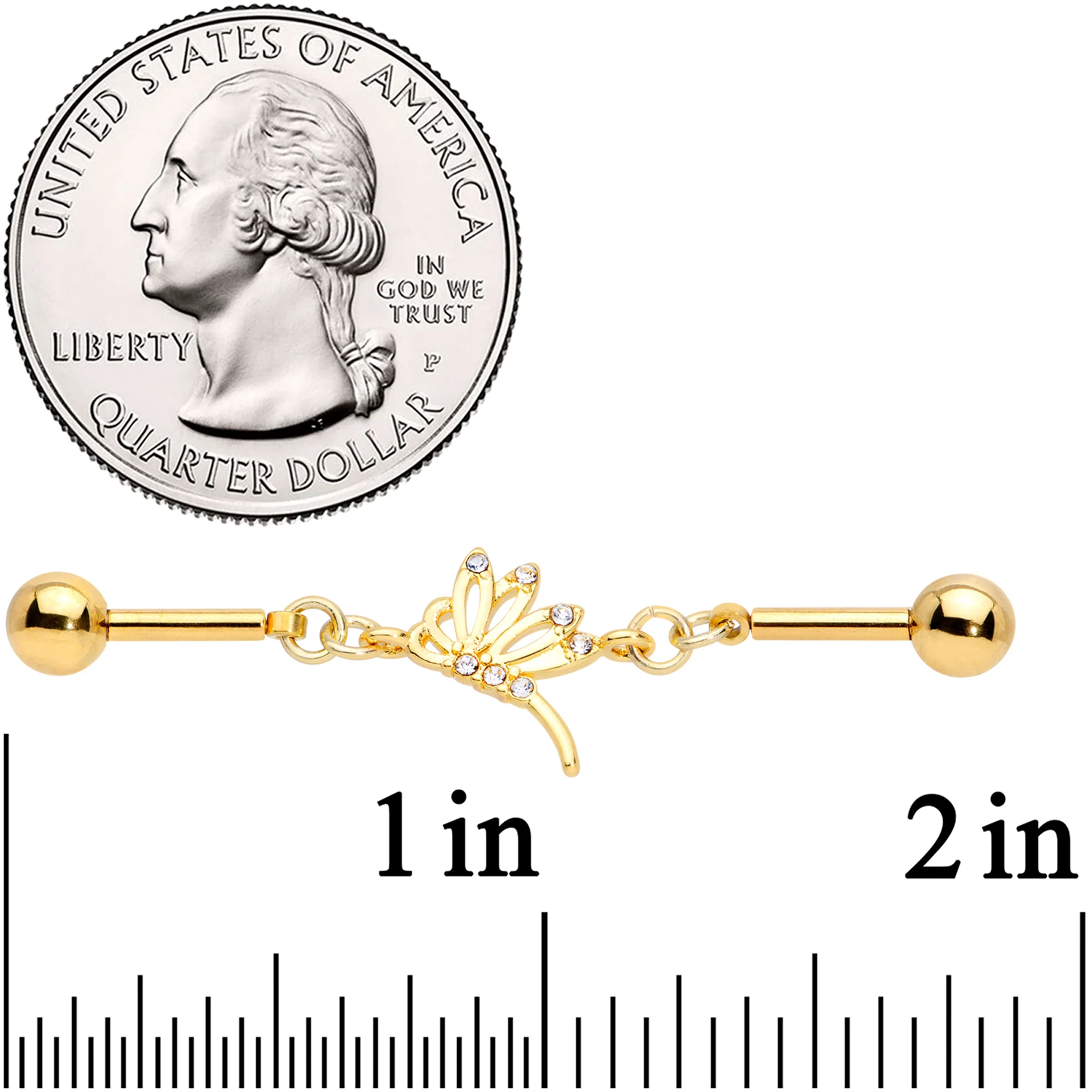 14G Clear CZ Gold Tone Dragonfly Double Industrial Barbell 40mm - Image 2
