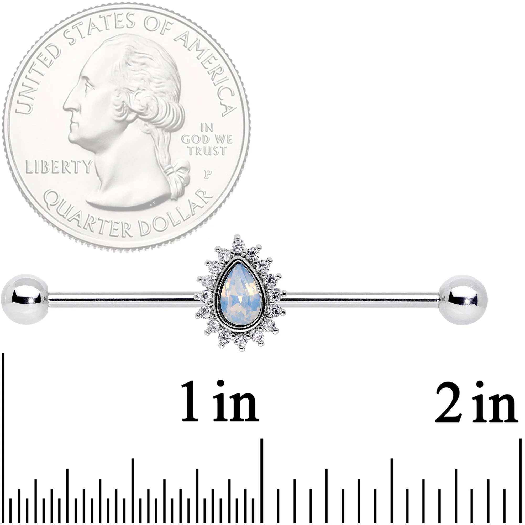 14G Clear CZ White Faux Opal Drop Industrial Barbell 38mm - Image 2