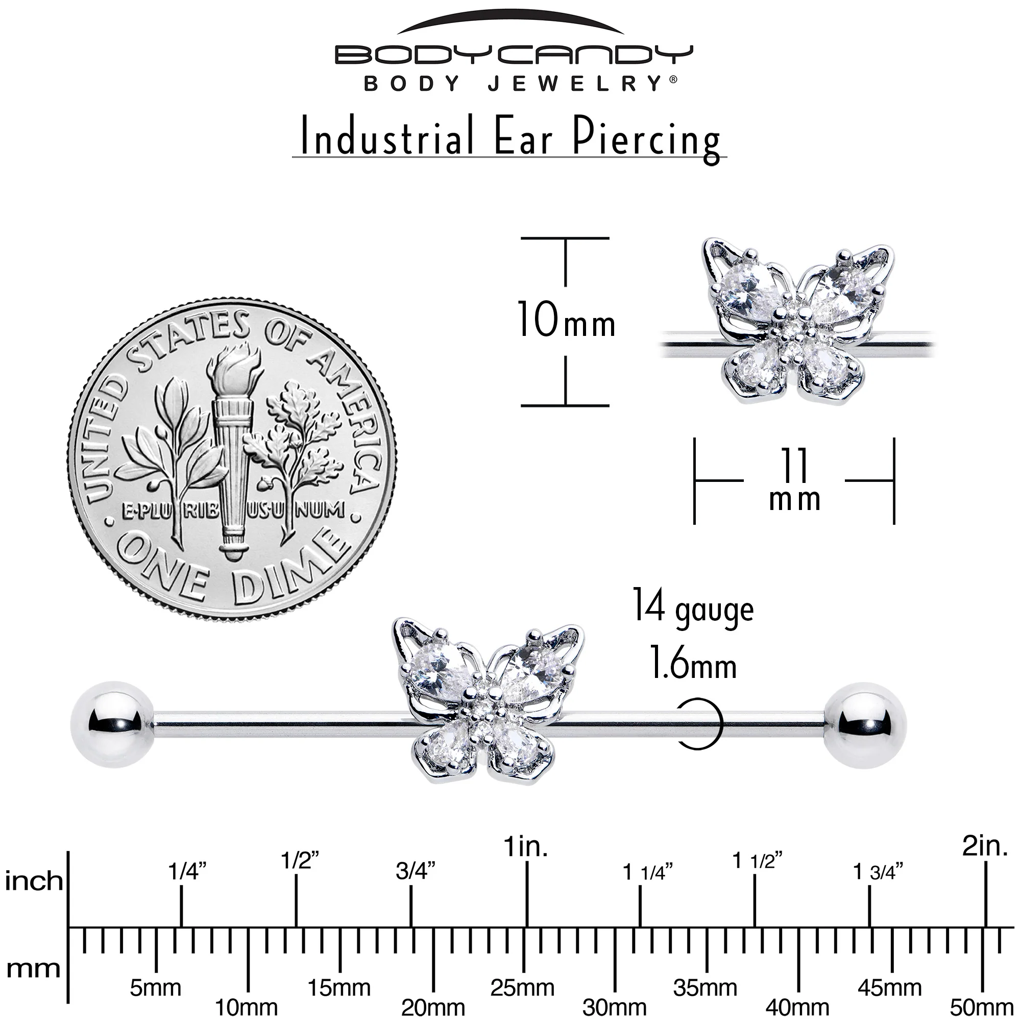 14G Clear Gem Baroque Beauty Butterfly Industrial Barbell 38mm - Image 4