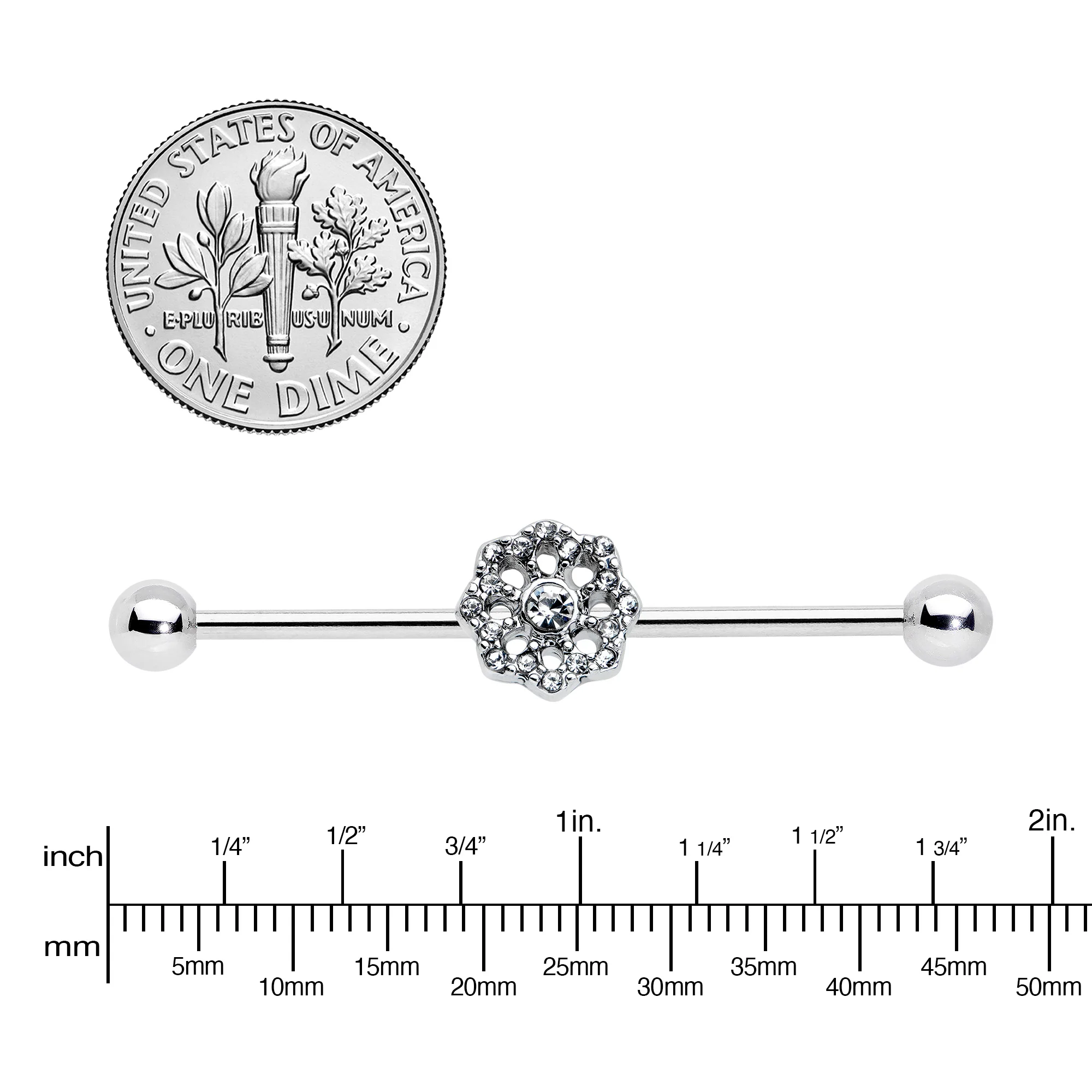 14G Clear Gem Baroque Fabulous Flower Industrial Barbell 38mm - Image 3