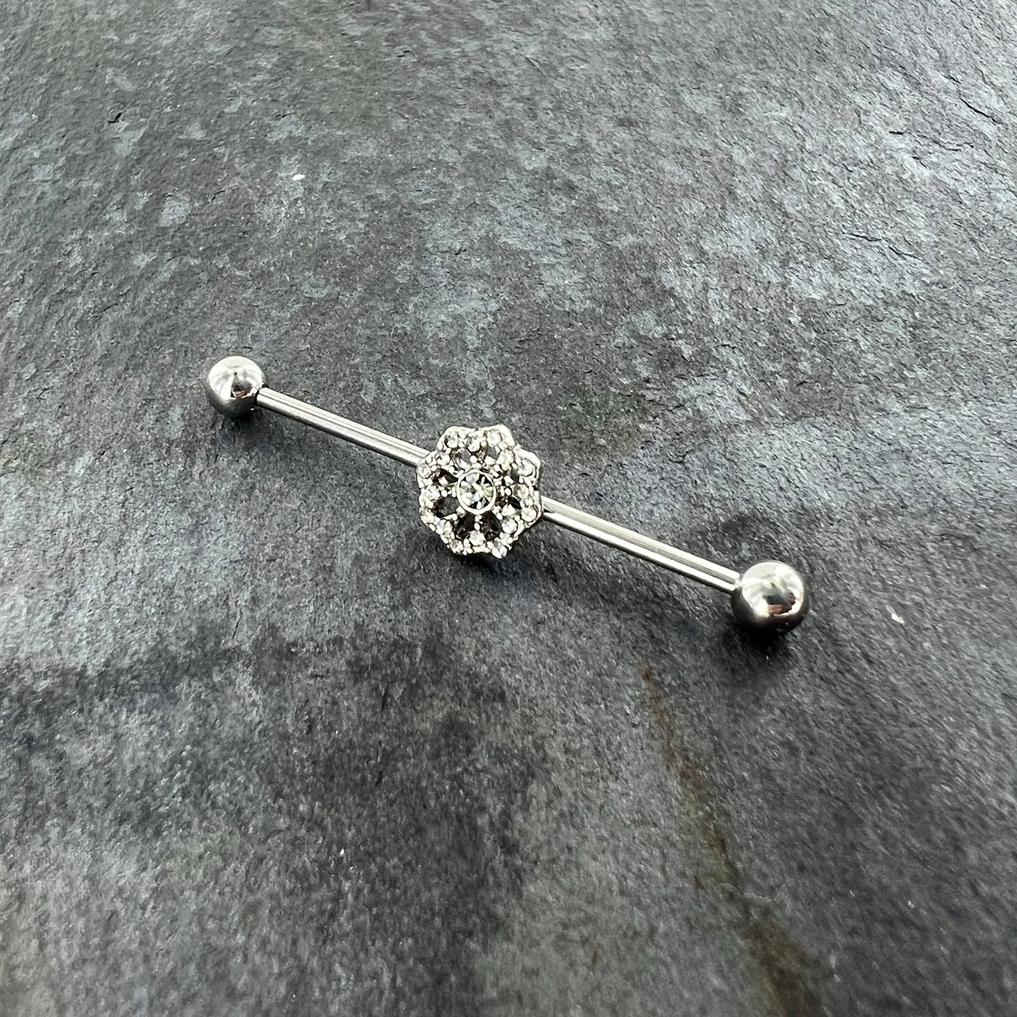 14G Clear Gem Baroque Fabulous Flower Industrial Barbell 38mm - Image 4