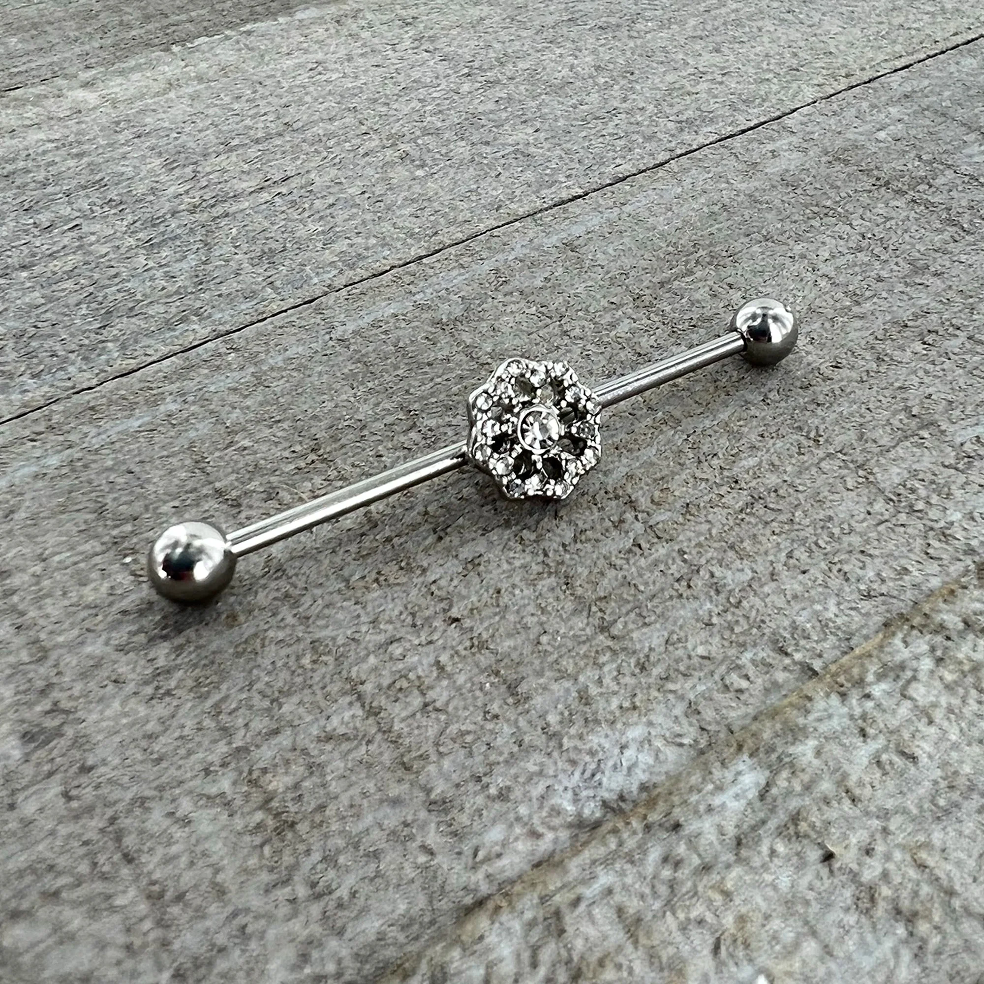 14G Clear Gem Baroque Fabulous Flower Industrial Barbell 38mm - Image 5
