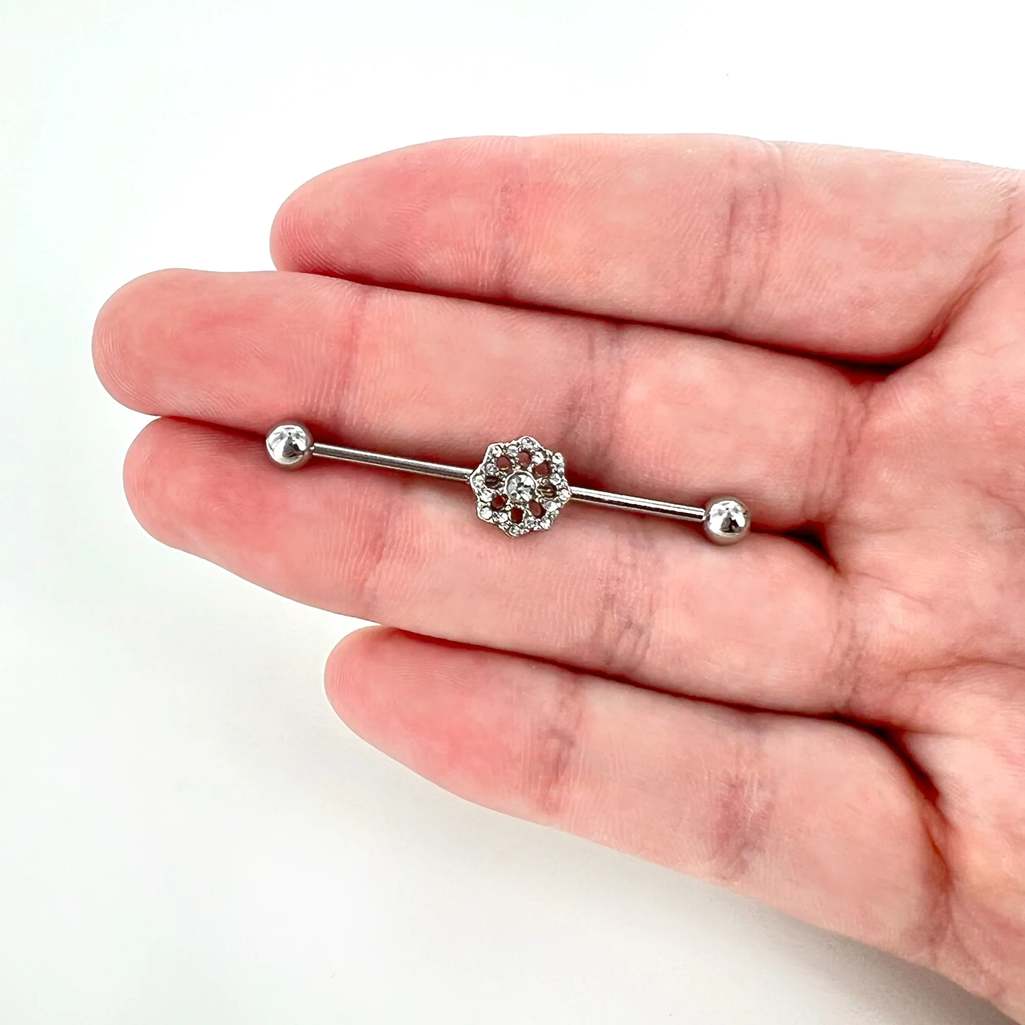 14G Clear Gem Baroque Fabulous Flower Industrial Barbell 38mm - Image 6
