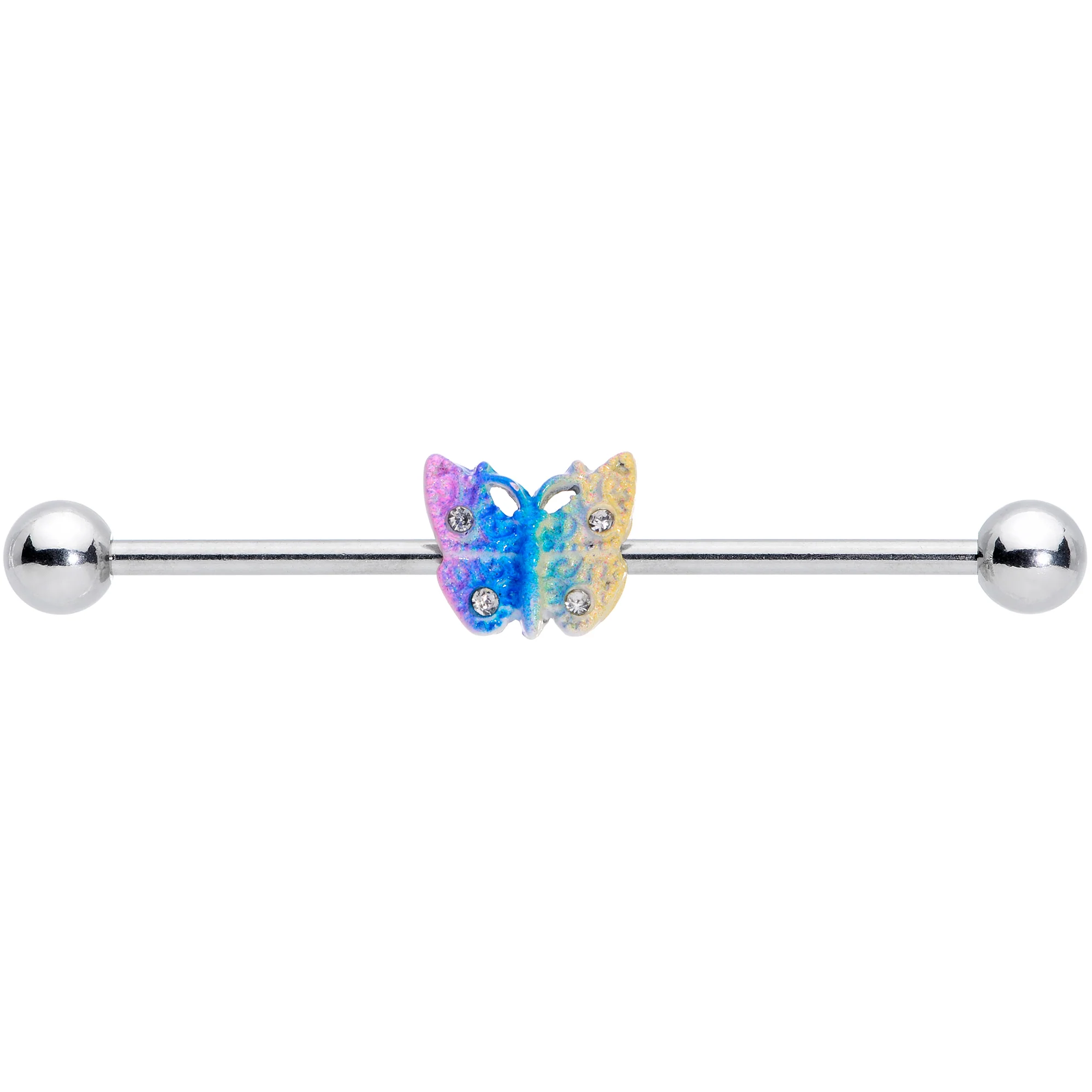 14G Clear Gem Baroque Rainbow Butterfly Industrial Barbell 38mm - Image 2