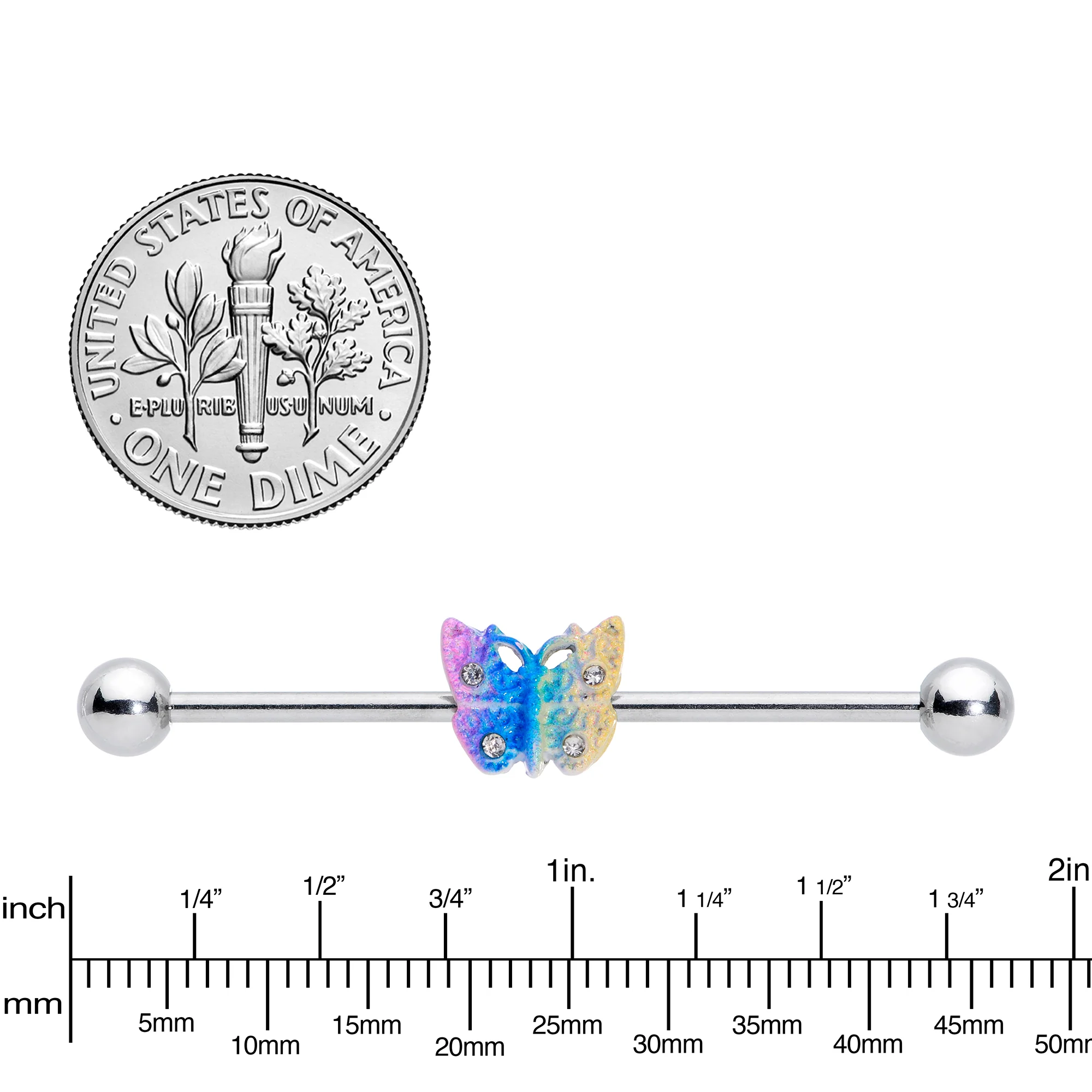 14G Clear Gem Baroque Rainbow Butterfly Industrial Barbell 38mm - Image 3