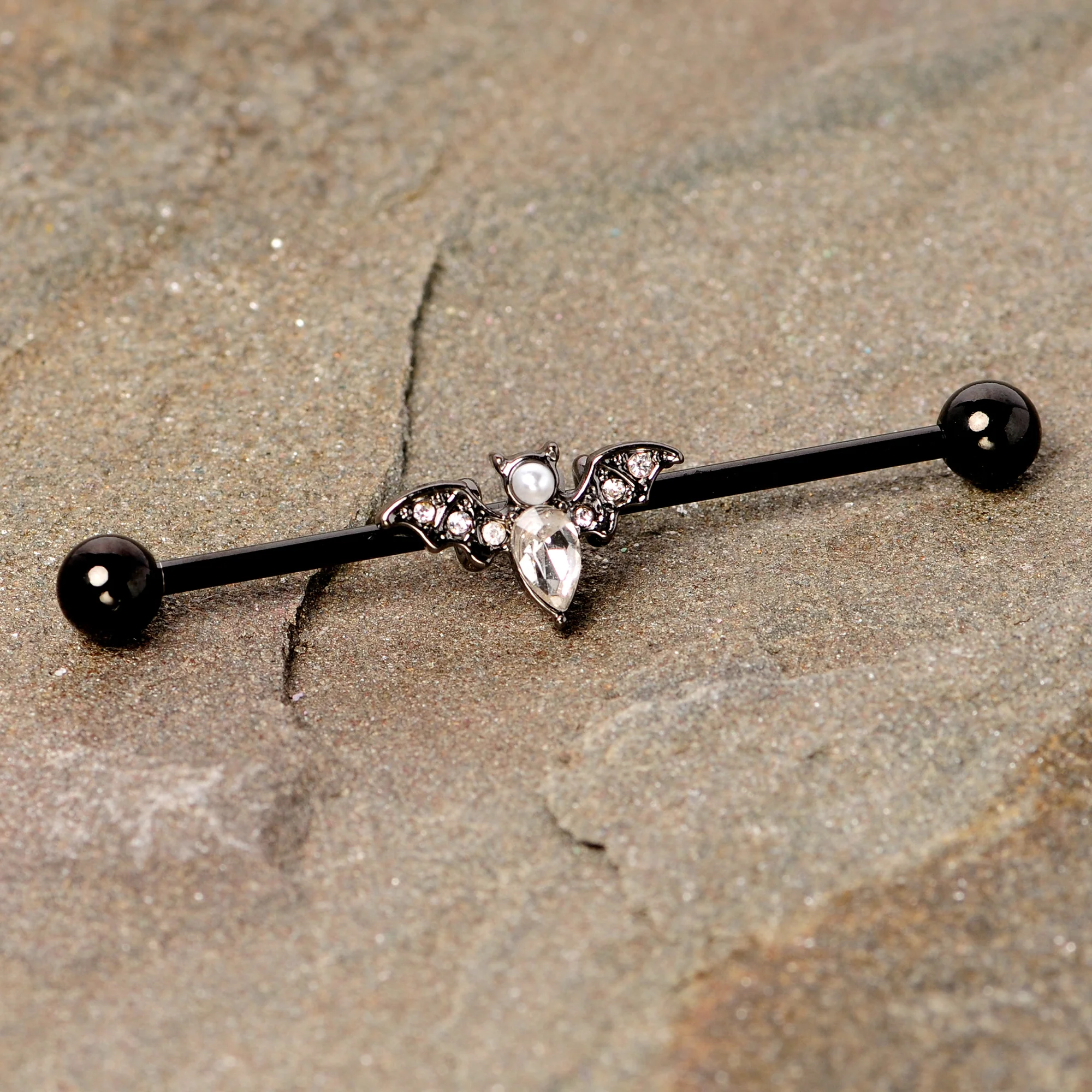 14G Clear Gem Black Bat Halloween Industrial Barbell 38mm - Image 4