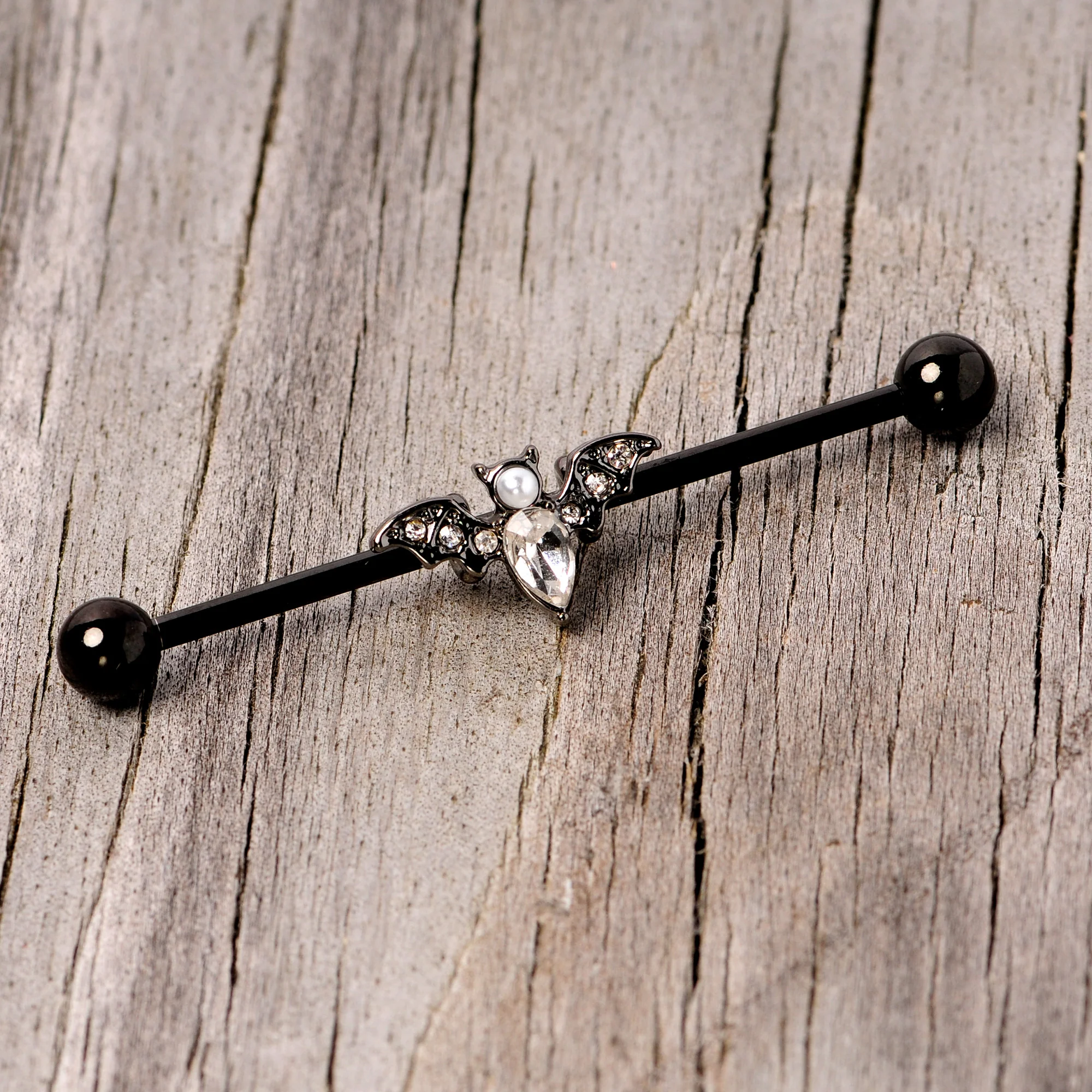 14G Clear Gem Black Bat Halloween Industrial Barbell 38mm - Image 5