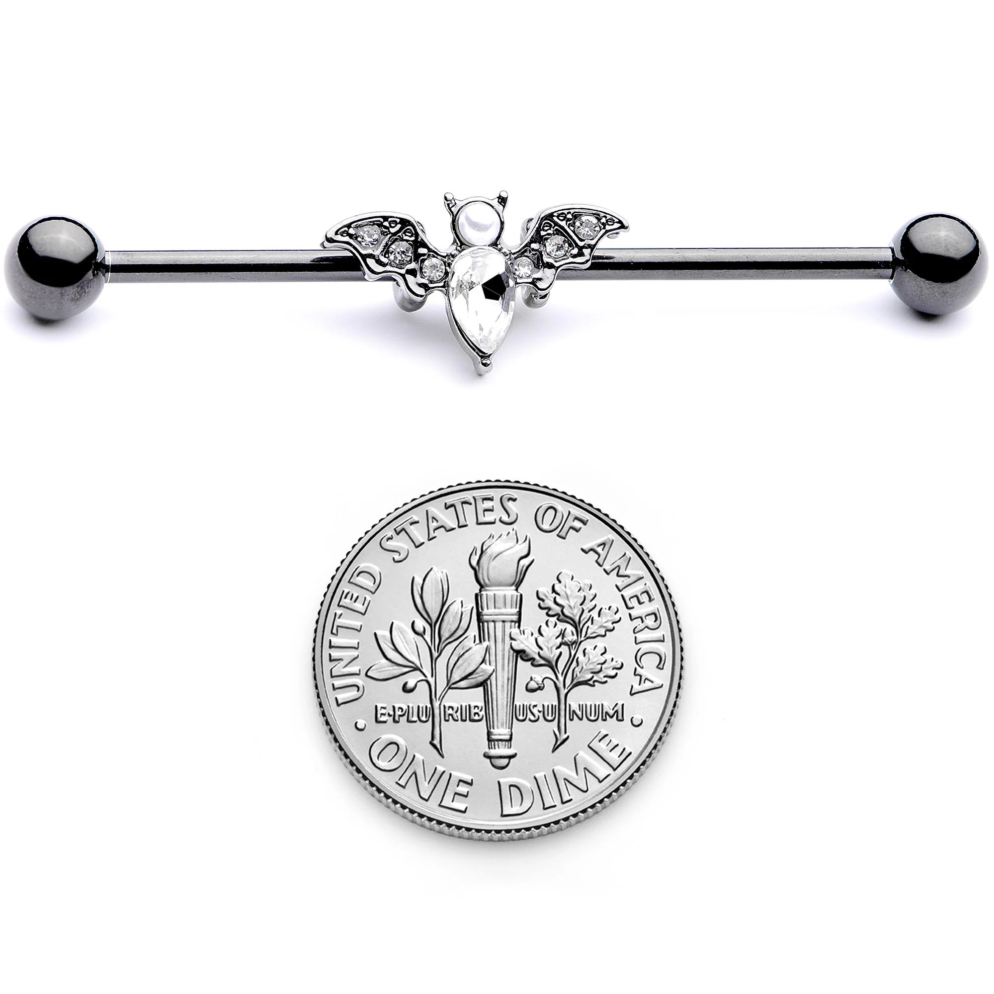 14G Clear Gem Black Bat Halloween Industrial Barbell 38mm - Image 6