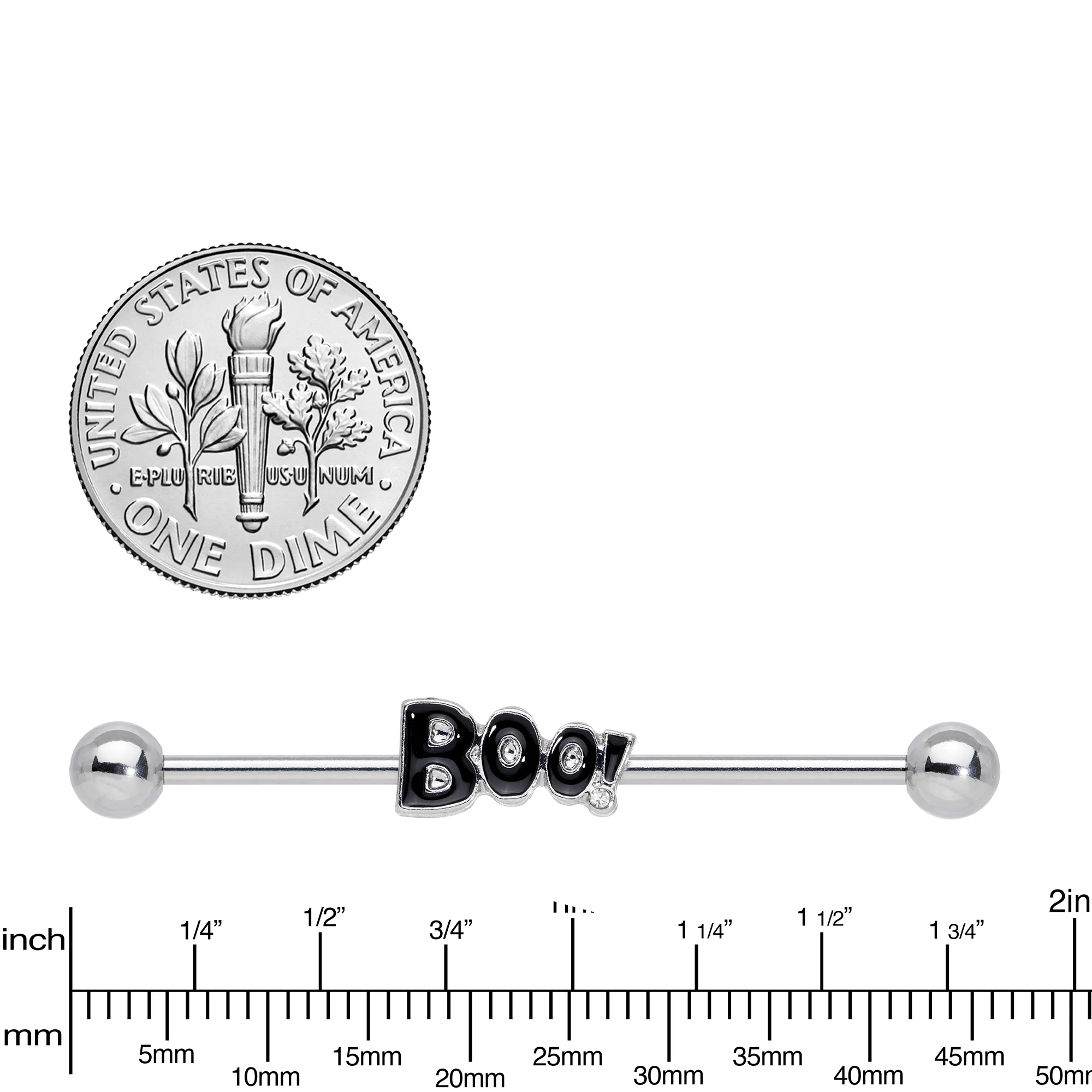 14G Clear Gem Black Boo Halloween Industrial Barbell 38mm - Image 3