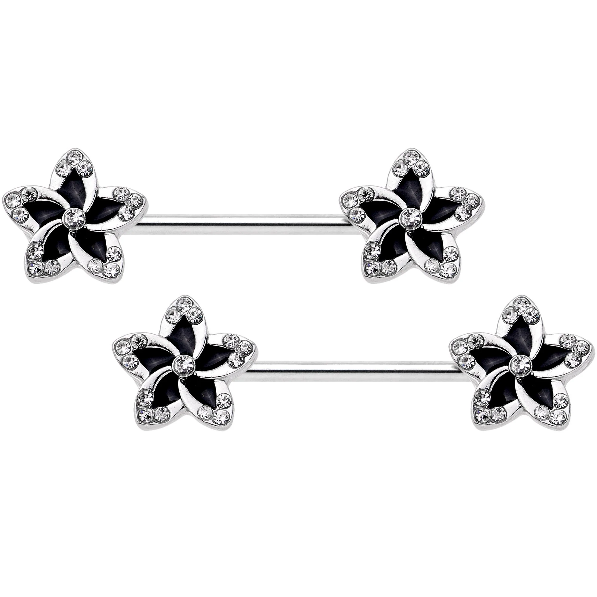 14G Clear Gem Black Flower Horseshoe Barbell Nipple Ring Set of 4 - Image 2