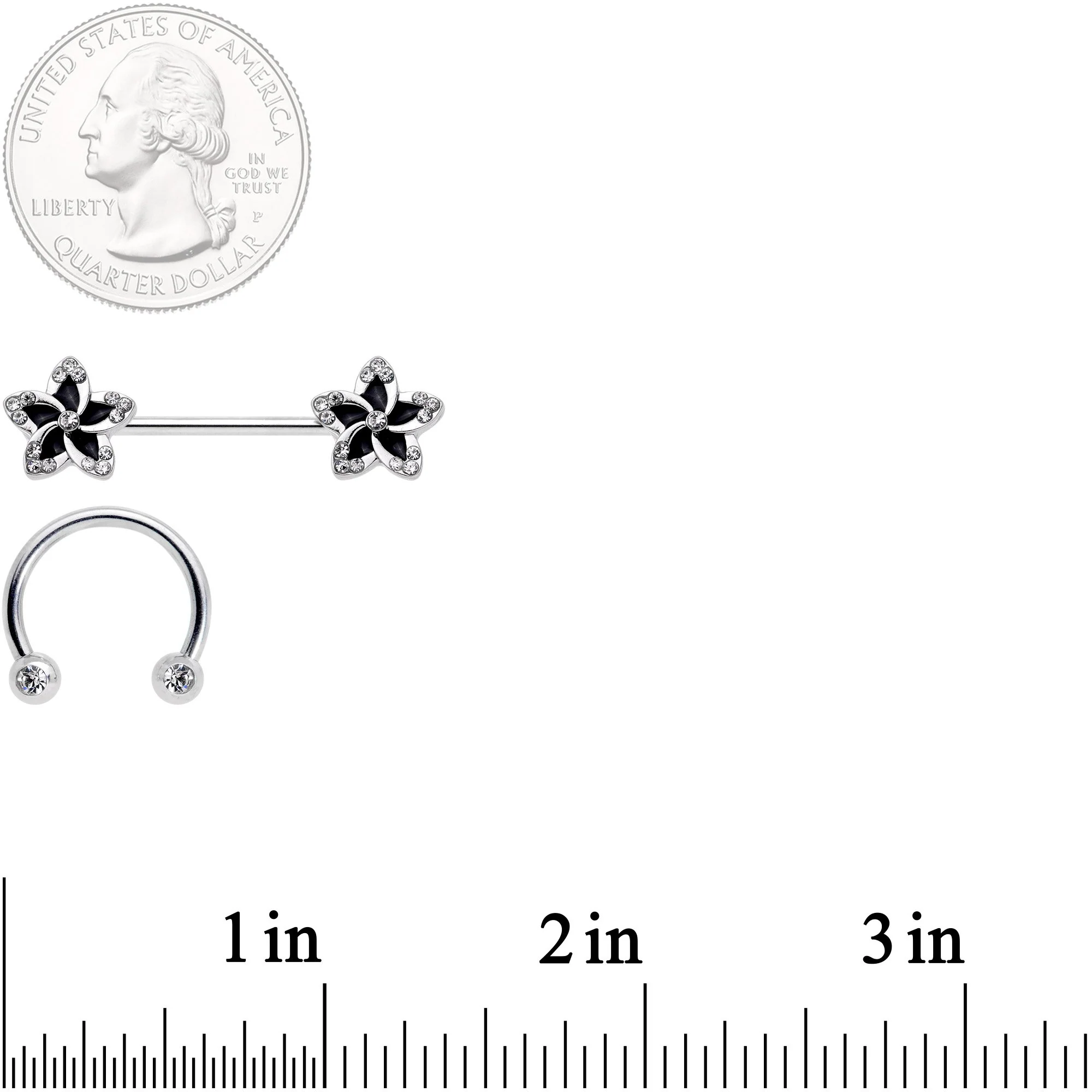 14G Clear Gem Black Flower Horseshoe Barbell Nipple Ring Set of 4 - Image 4