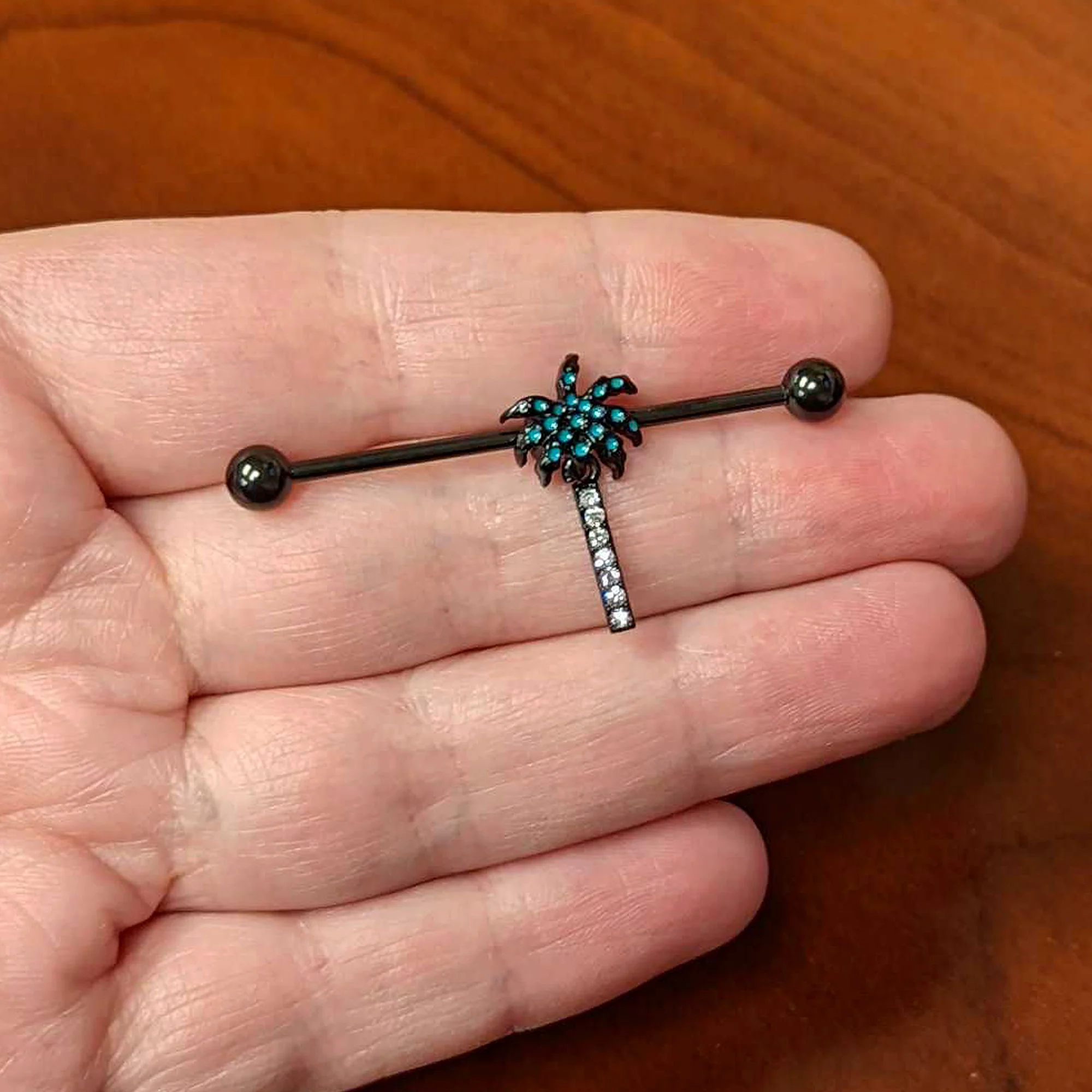 14G Clear Gem Black Night Palm Tree Dangle Industrial Barbell 38mm - Image 3