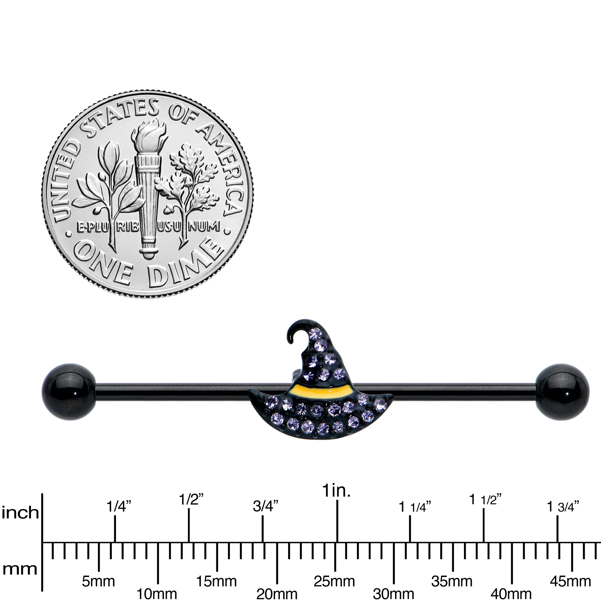 14G Clear Gem Black Witch Hat Halloween Industrial Barbell 38mm - Image 3