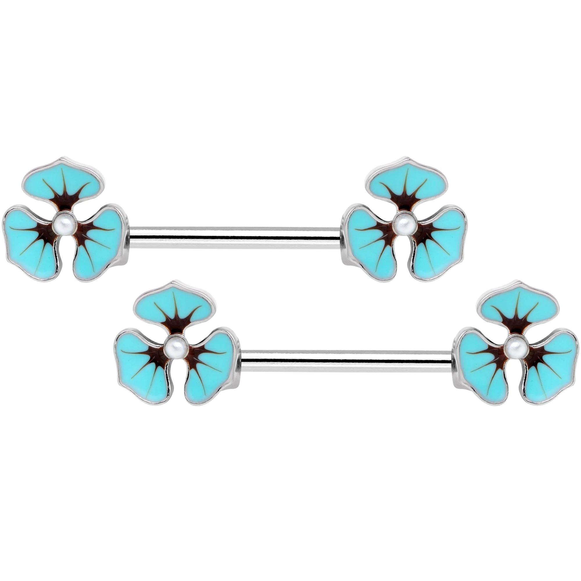 14G Clear Gem Blue Flower Horseshoe Barbell Nipple Ring Set of 4 - Image 2