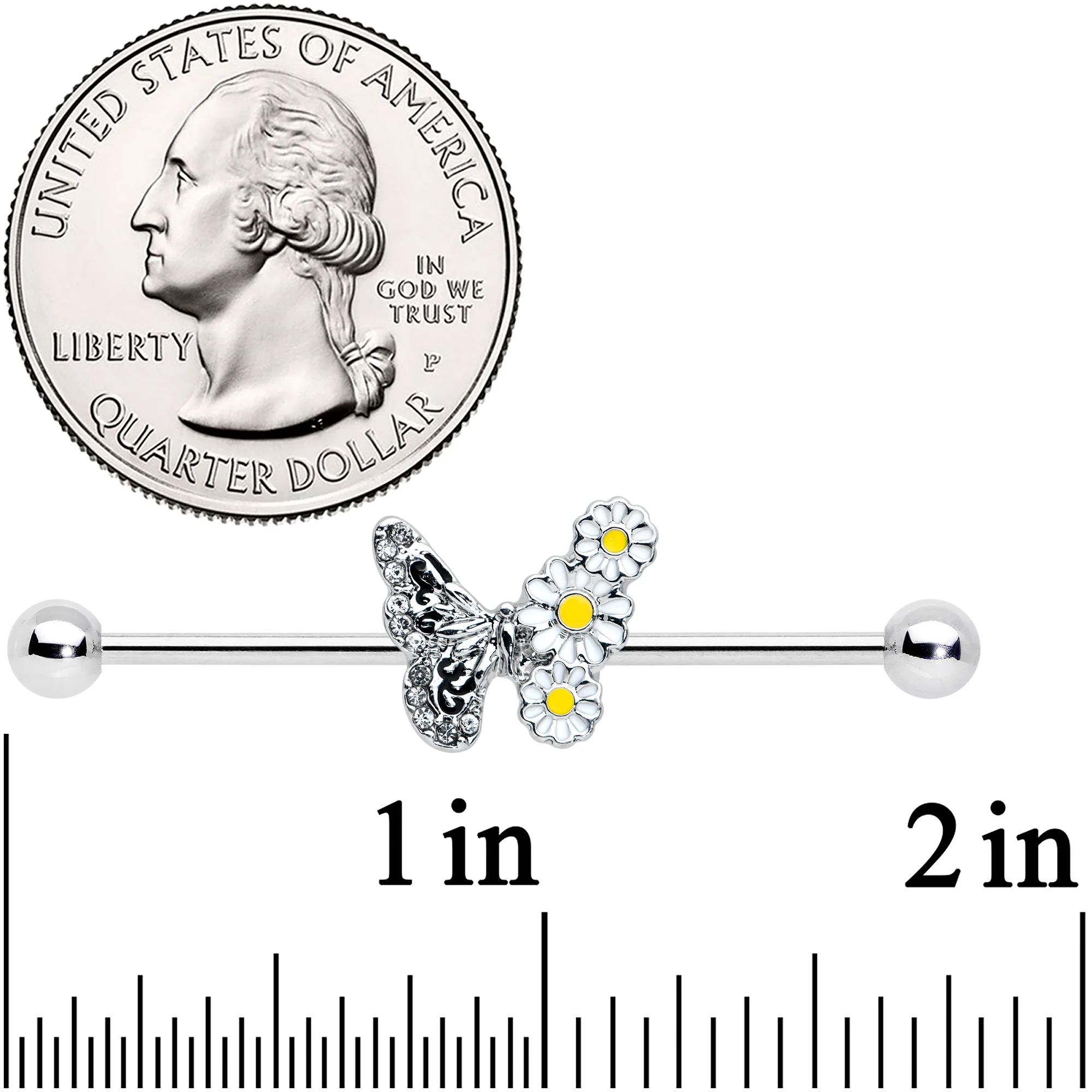 14G Clear Gem Butterfly Daisy Flowers Industrial Barbell 38mm - Image 2
