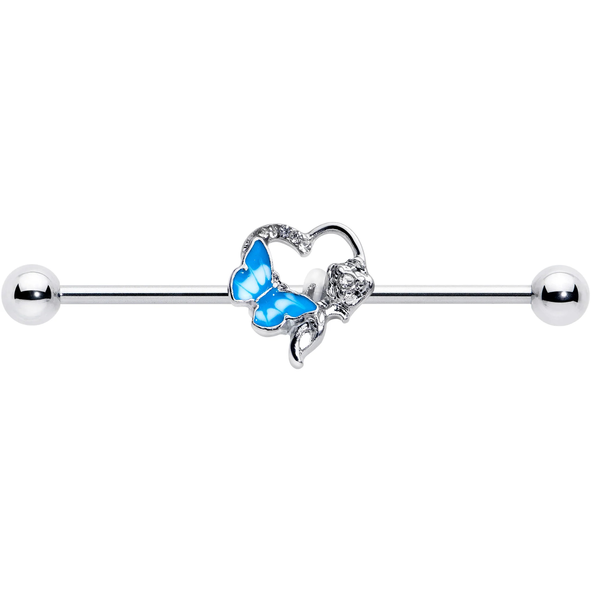 14G Clear Gem Butterfly Flower Blue Industrial Barbell 38mm - Image 2