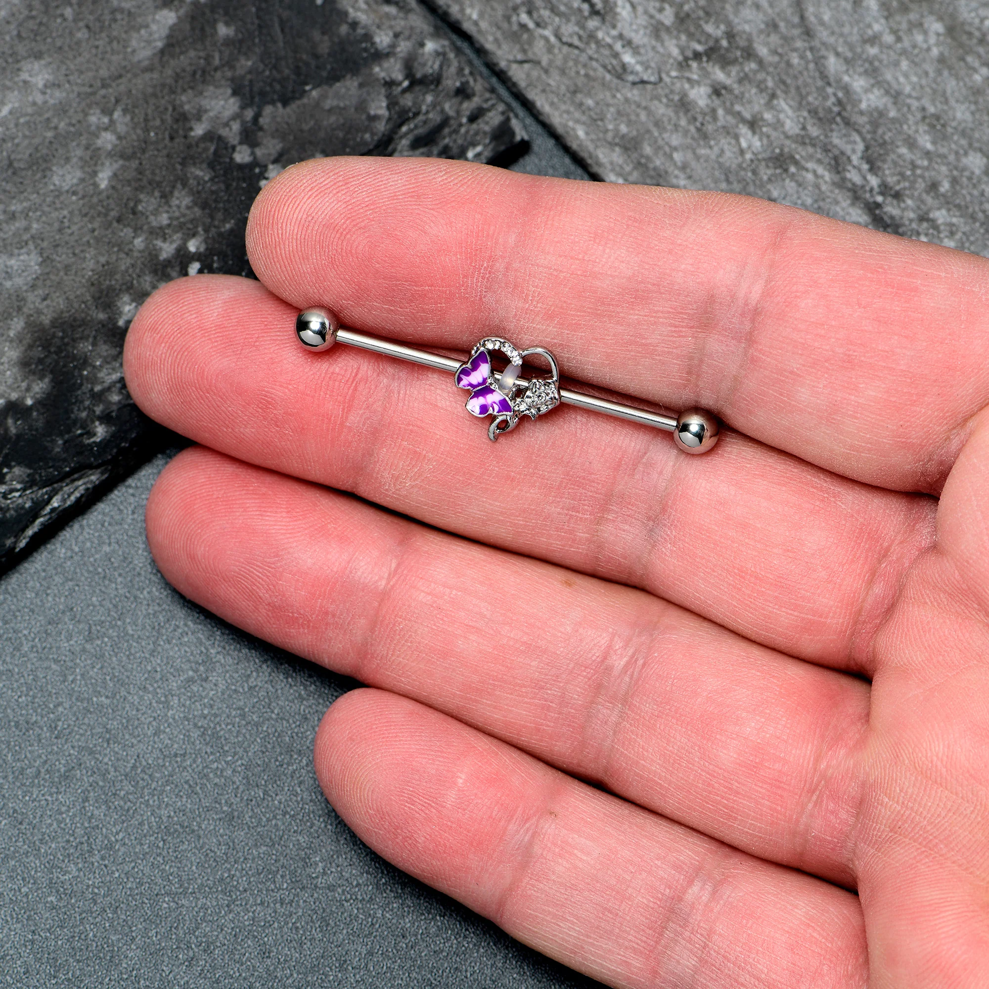 14G Clear Gem Butterfly Rose Flower Purple Industrial Barbell 38mm - Image 3