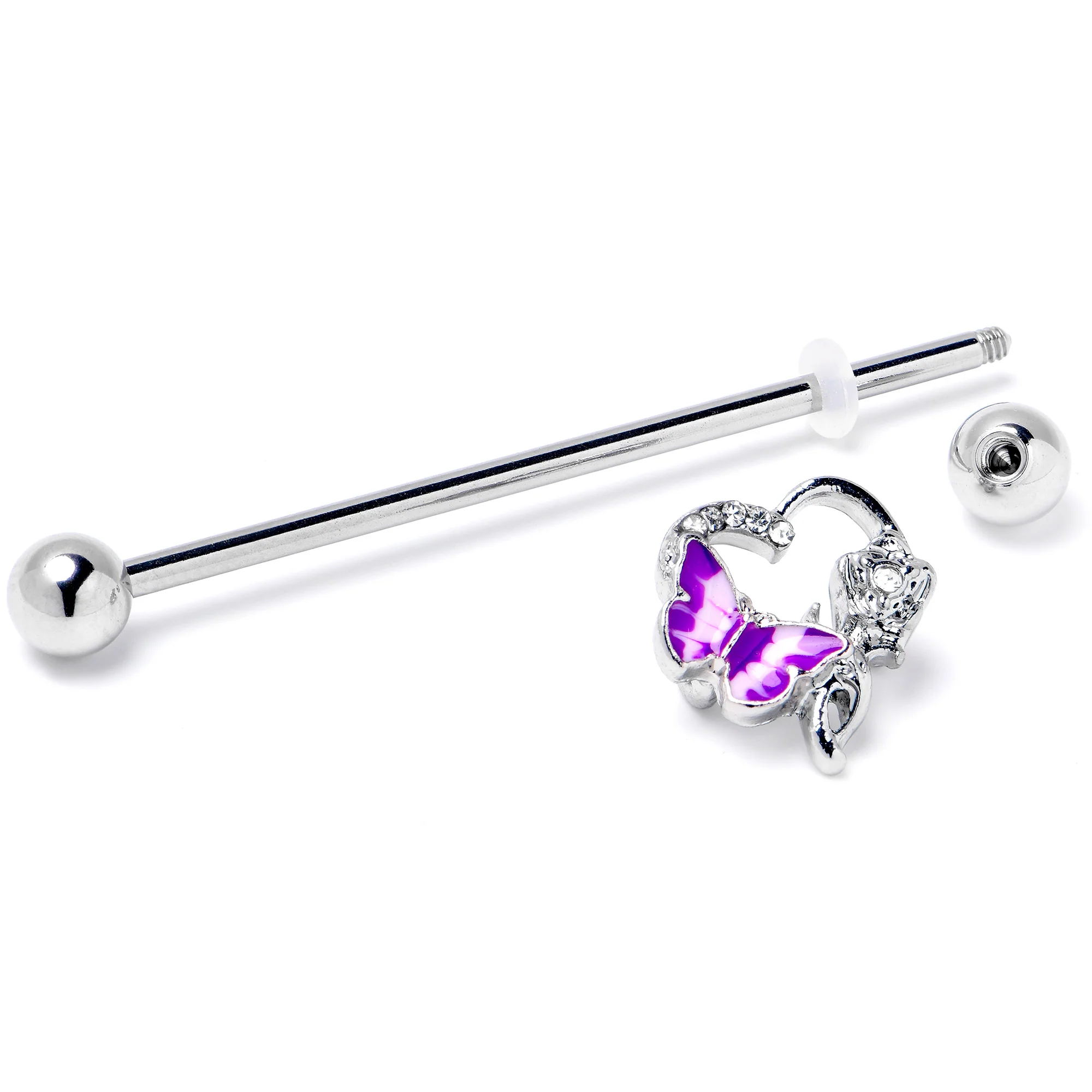 14G Clear Gem Butterfly Rose Flower Purple Industrial Barbell 38mm - Image 4