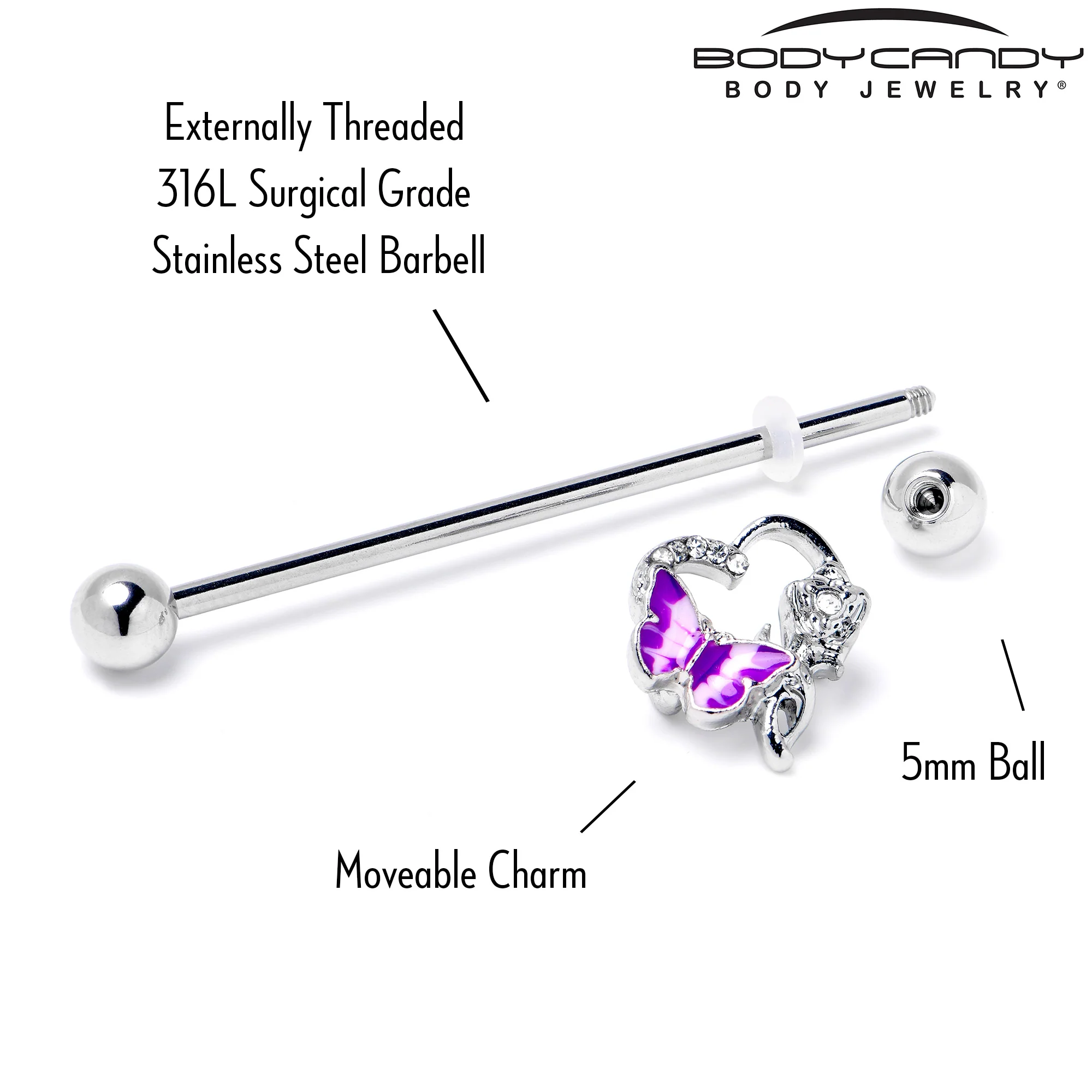 14G Clear Gem Butterfly Rose Flower Purple Industrial Barbell 38mm - Image 5
