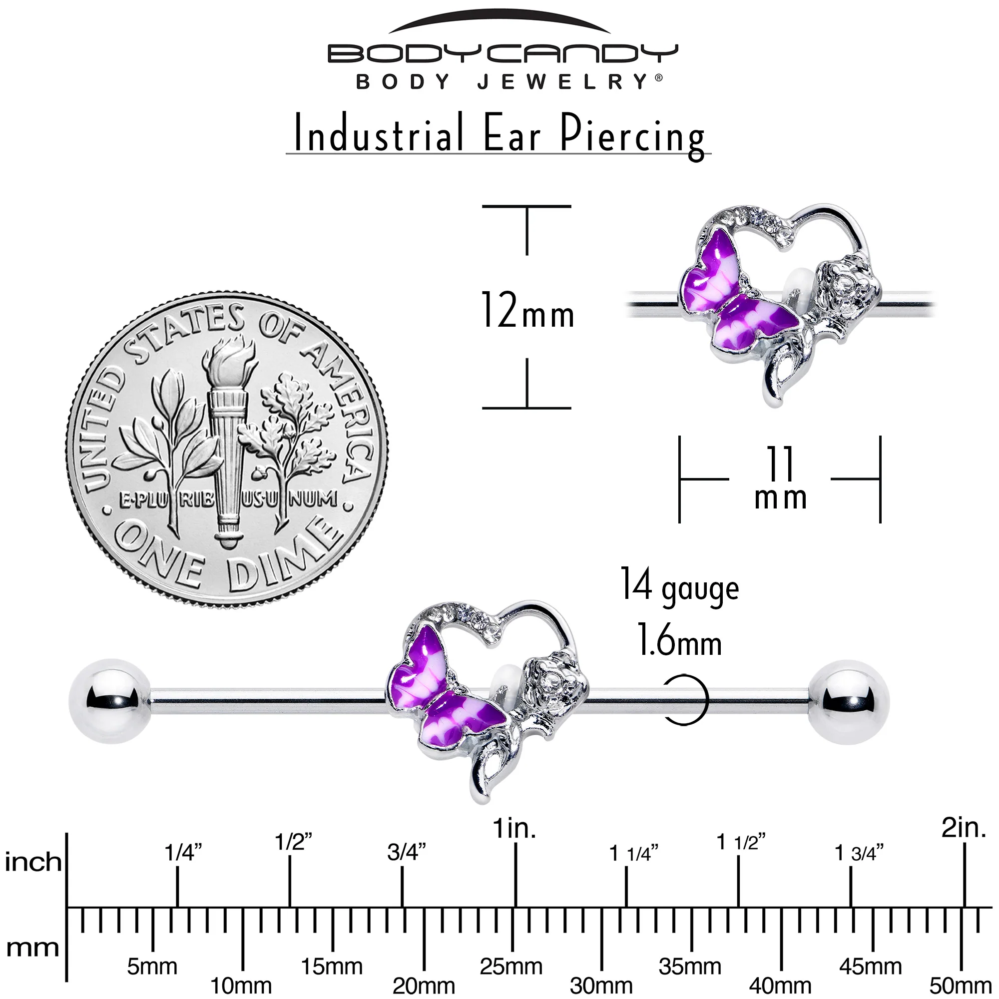14G Clear Gem Butterfly Rose Flower Purple Industrial Barbell 38mm - Image 6