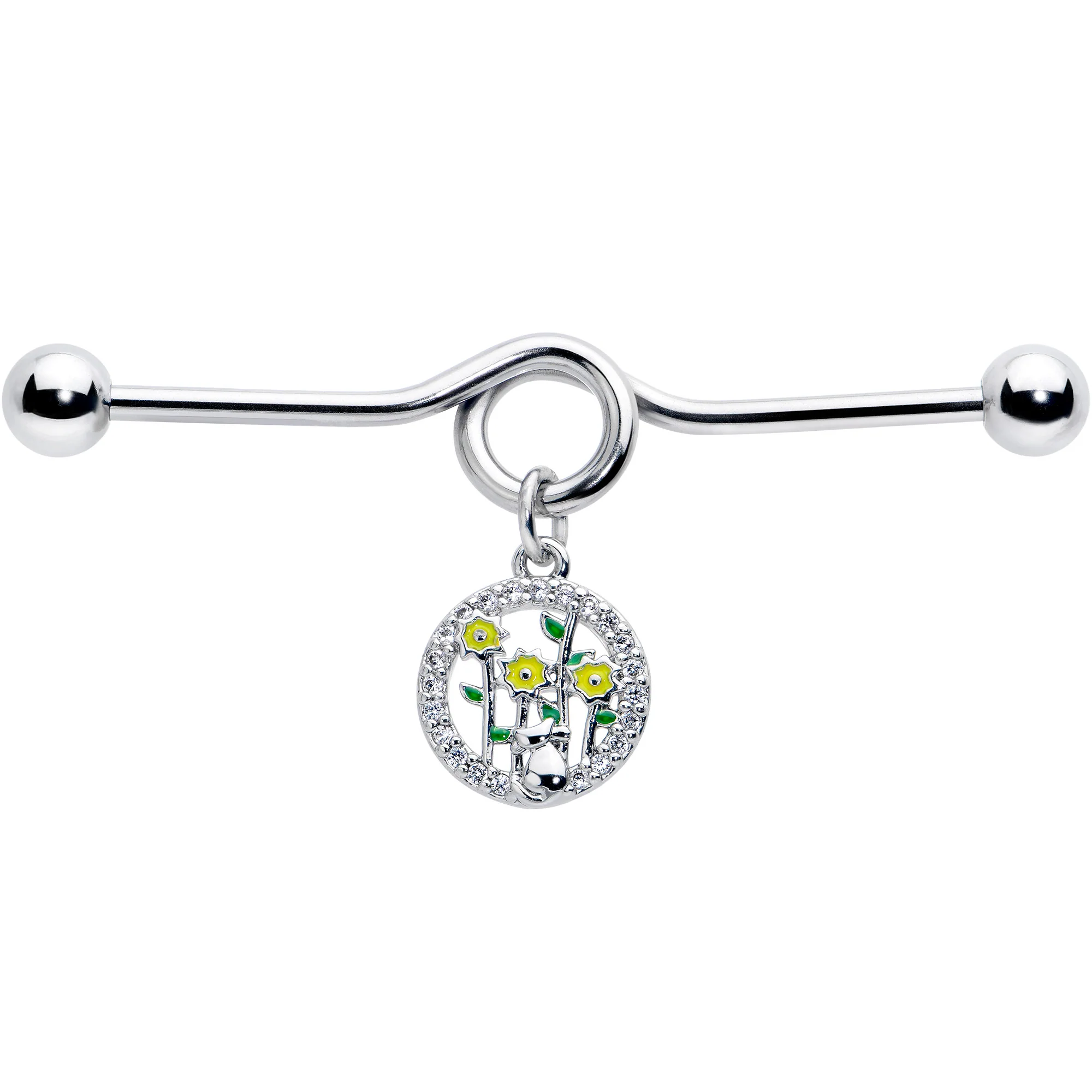 14G Clear Gem Cat Yellow Flowers Dangle Project Bar 38mm - Image 2