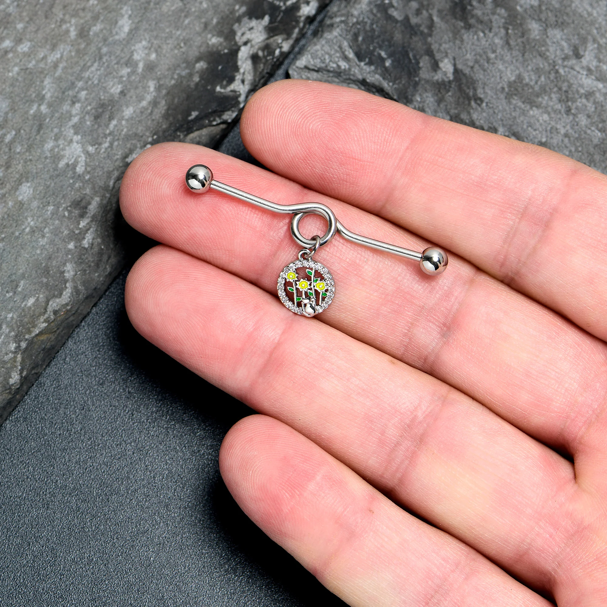 14G Clear Gem Cat Yellow Flowers Dangle Project Bar 38mm - Image 3