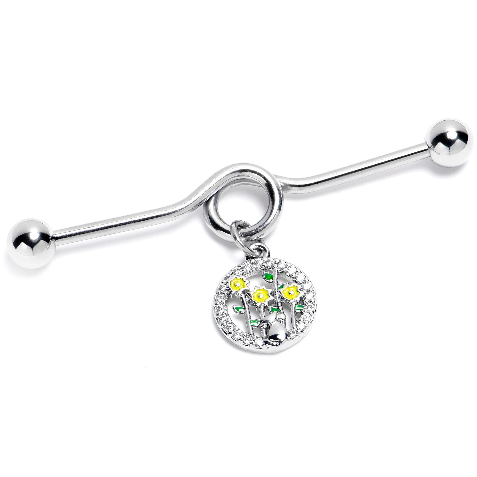 14G Clear Gem Cat Yellow Flowers Dangle Project Bar 38mm - Image 4