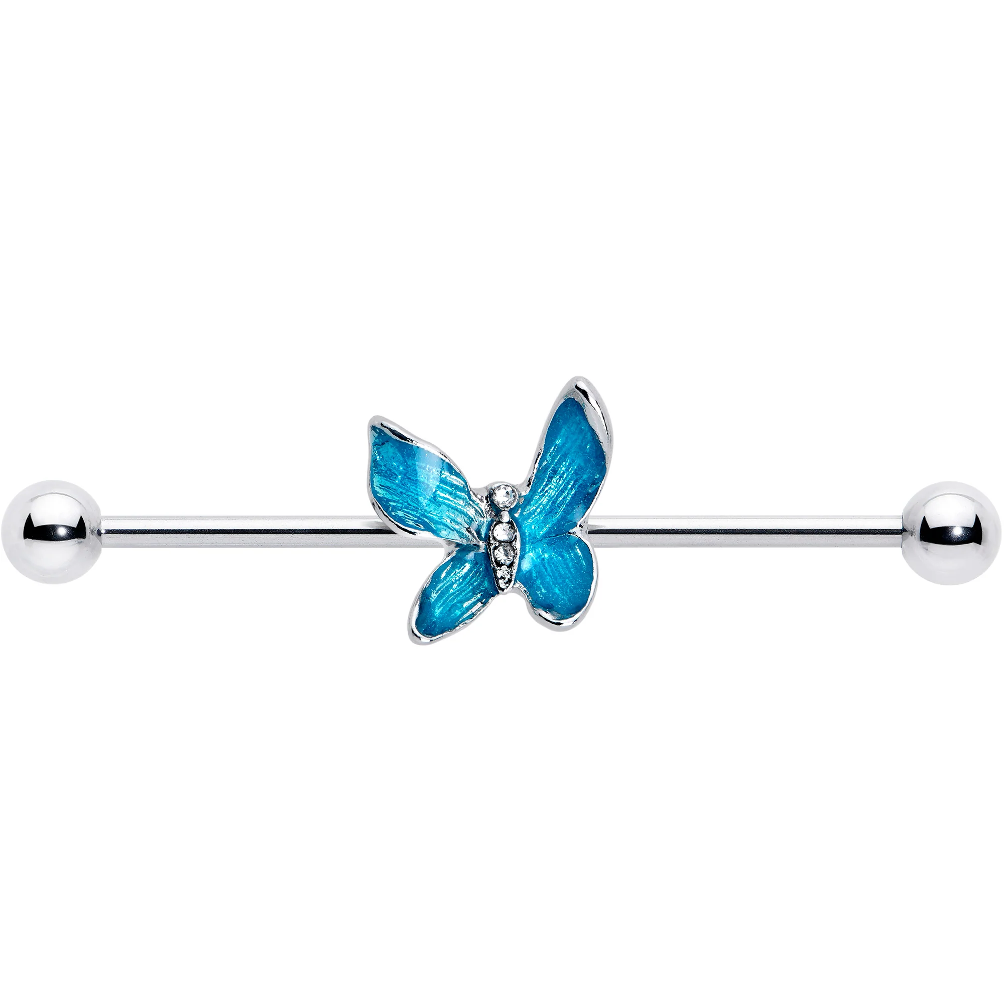 14G Clear Gem Chunky Butterfly Blue Industrial Barbell 38mm - Image 2