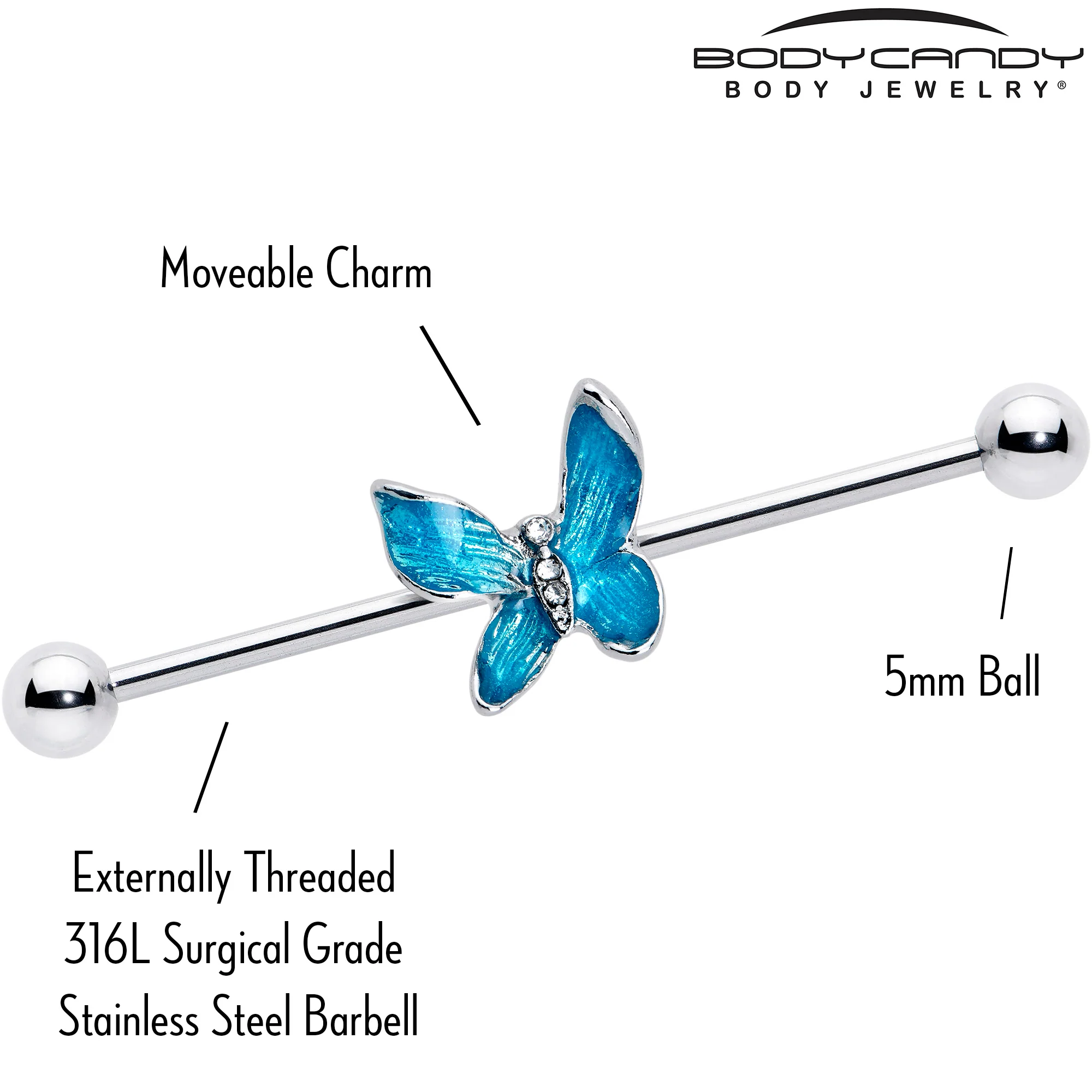 14G Clear Gem Chunky Butterfly Blue Industrial Barbell 38mm - Image 3