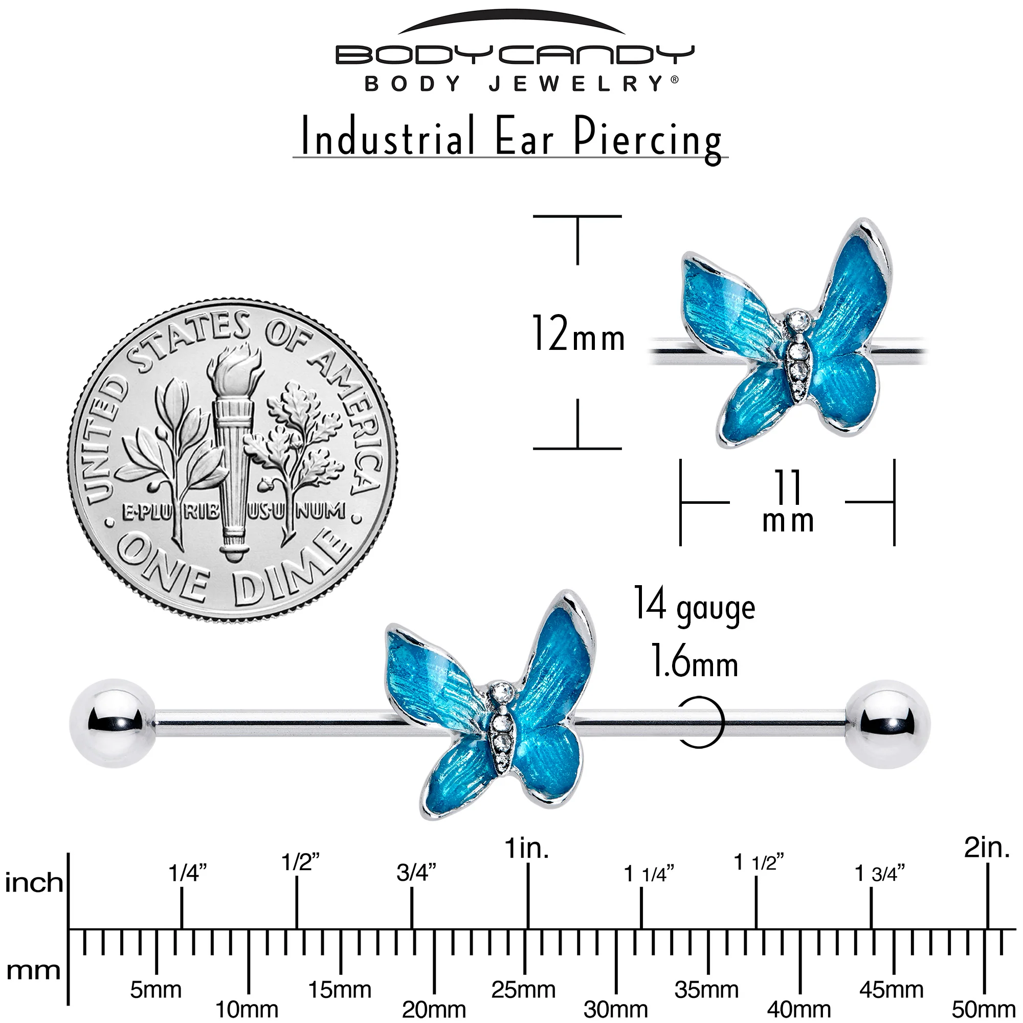14G Clear Gem Chunky Butterfly Blue Industrial Barbell 38mm - Image 4