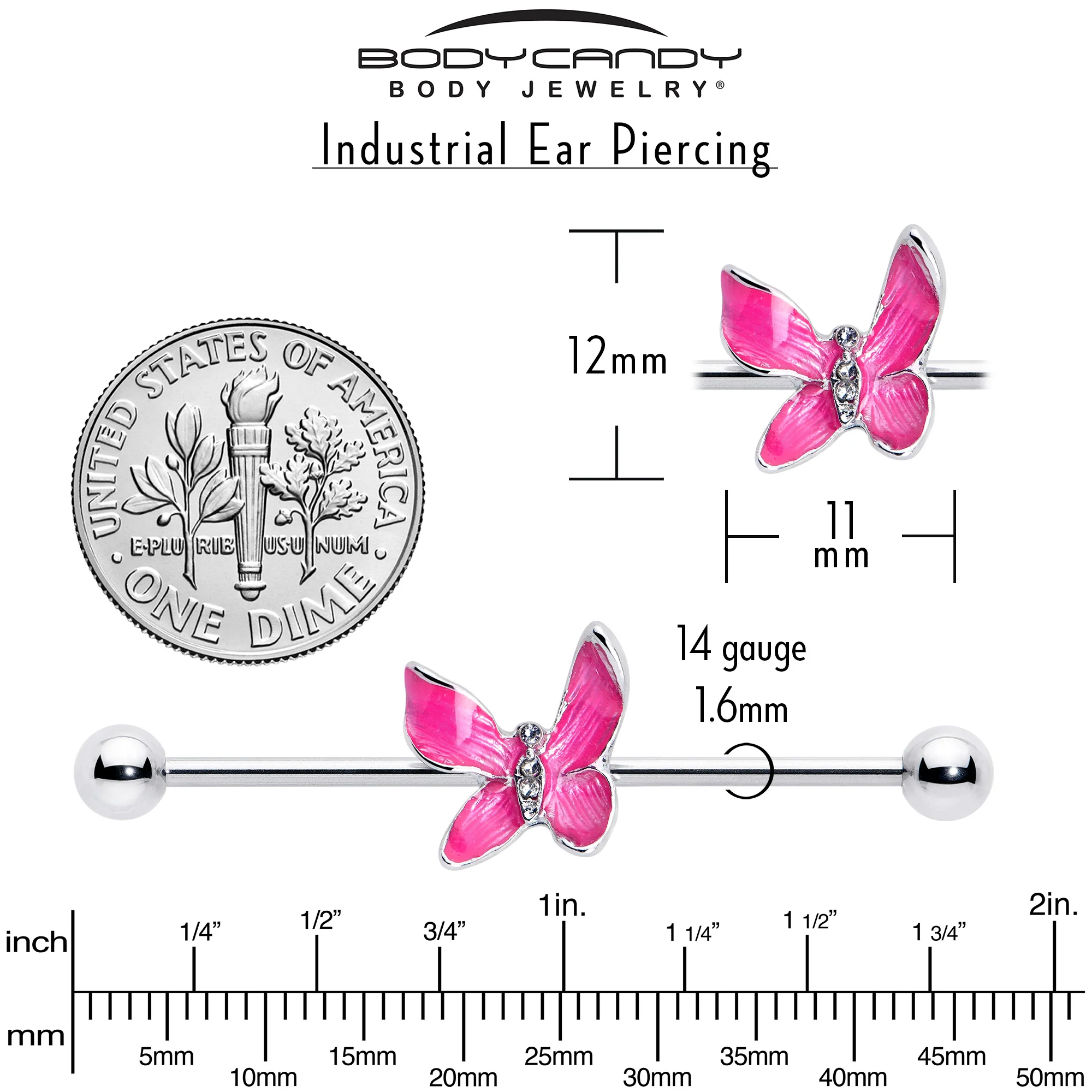 14G Clear Gem Chunky Butterfly Pink Industrial Barbell 38mm - Image 4