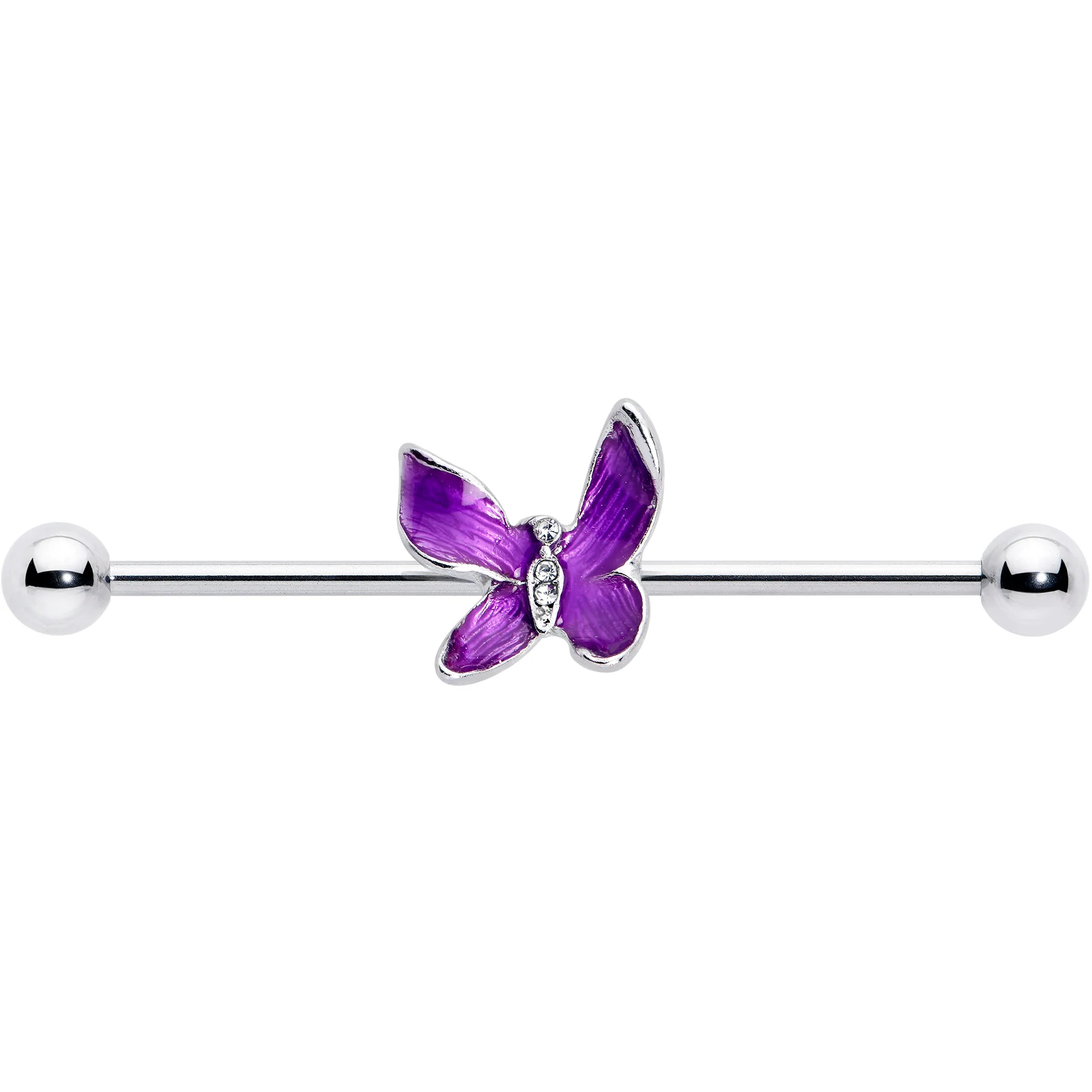 14G Clear Gem Chunky Butterfly Purple Industrial Barbell 38mm - Image 2
